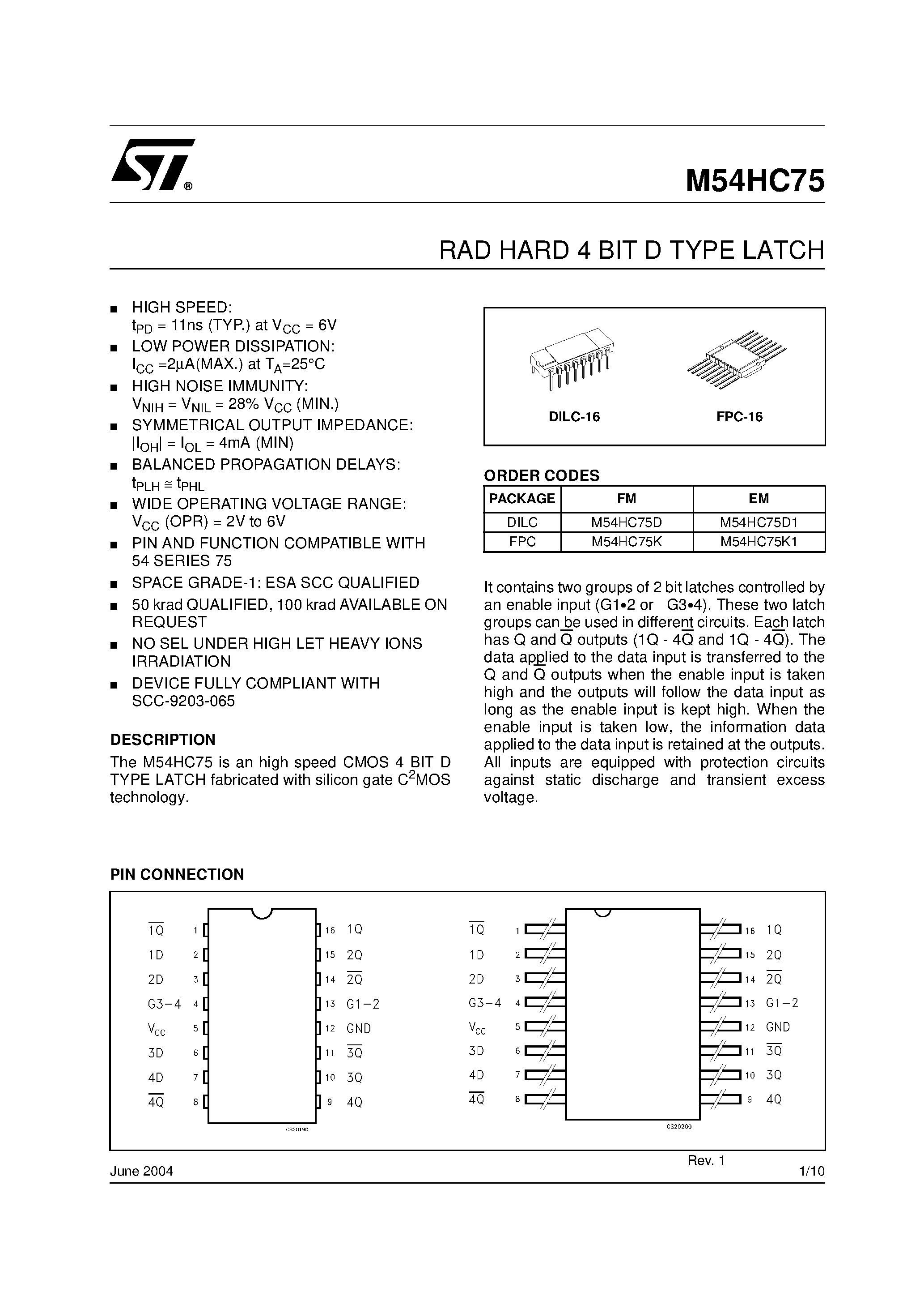 Даташит на микросхему M54HC75K страница 1 Даташит M54HC75K - RAD HARD 4 BIT D TYPE LATCH страница 1