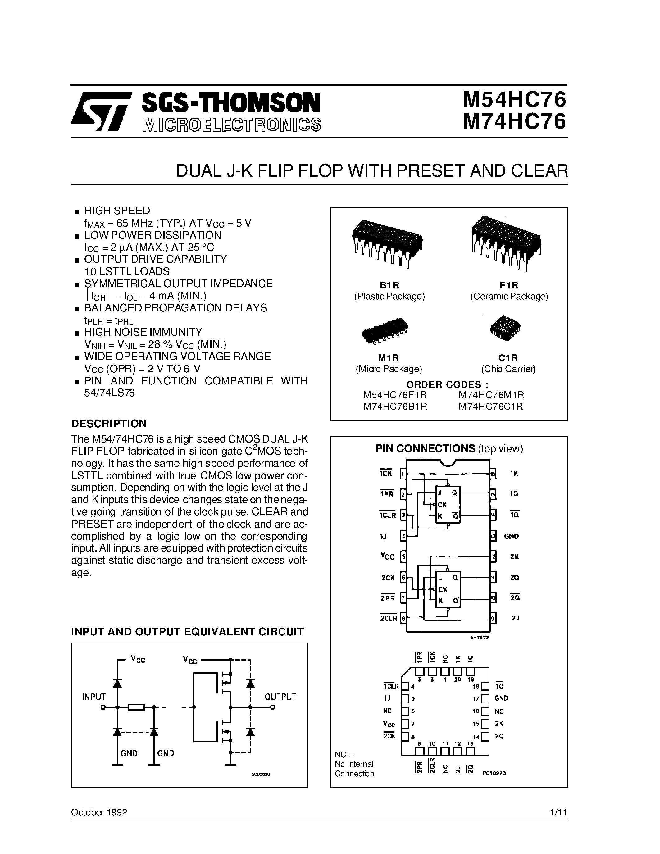Datasheet M54HC76 - DUAL J-K FLIP FLOP WITH PRESET AND CLEAR page 1