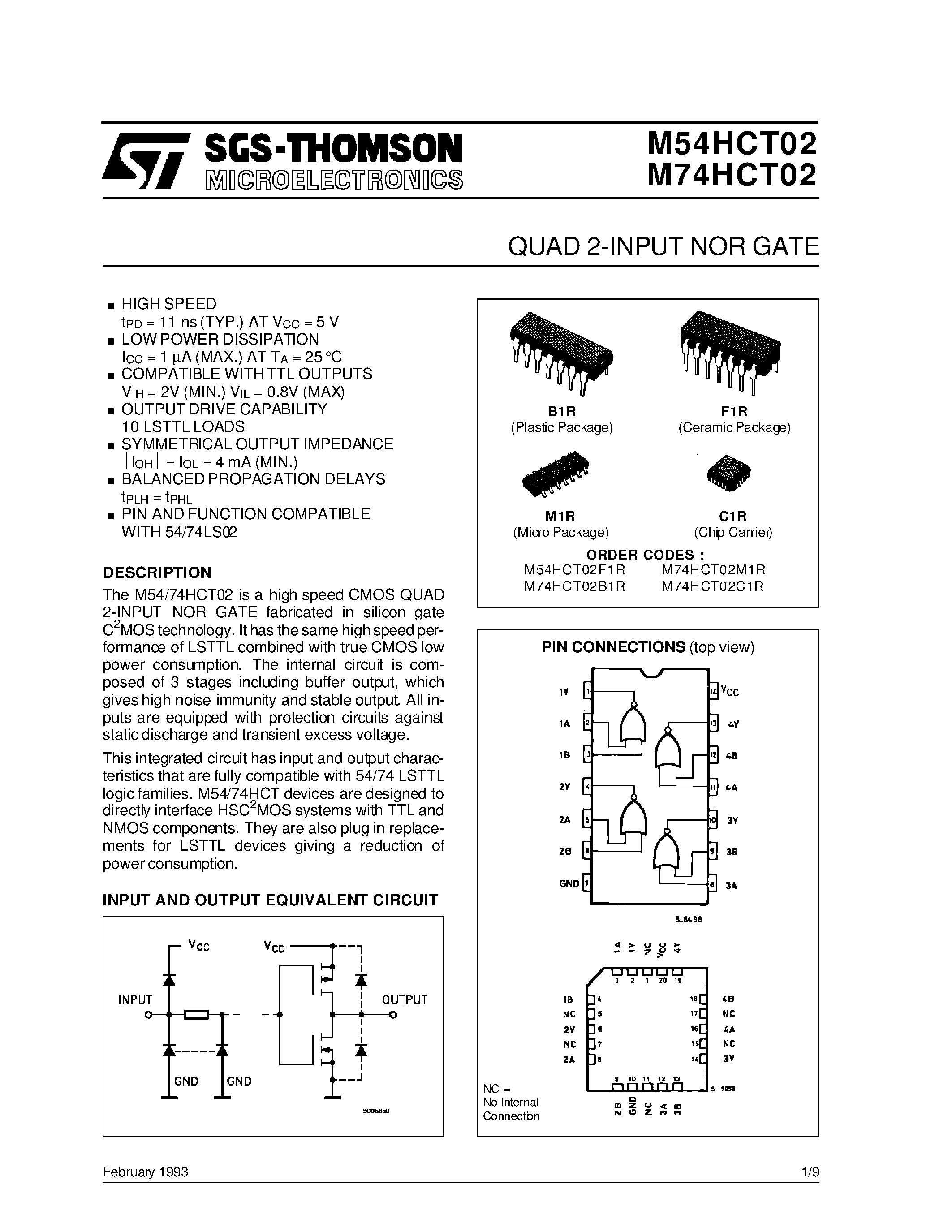 Datasheet M54HCT02 - QUAD 2-INPUT NOR GATE page 1