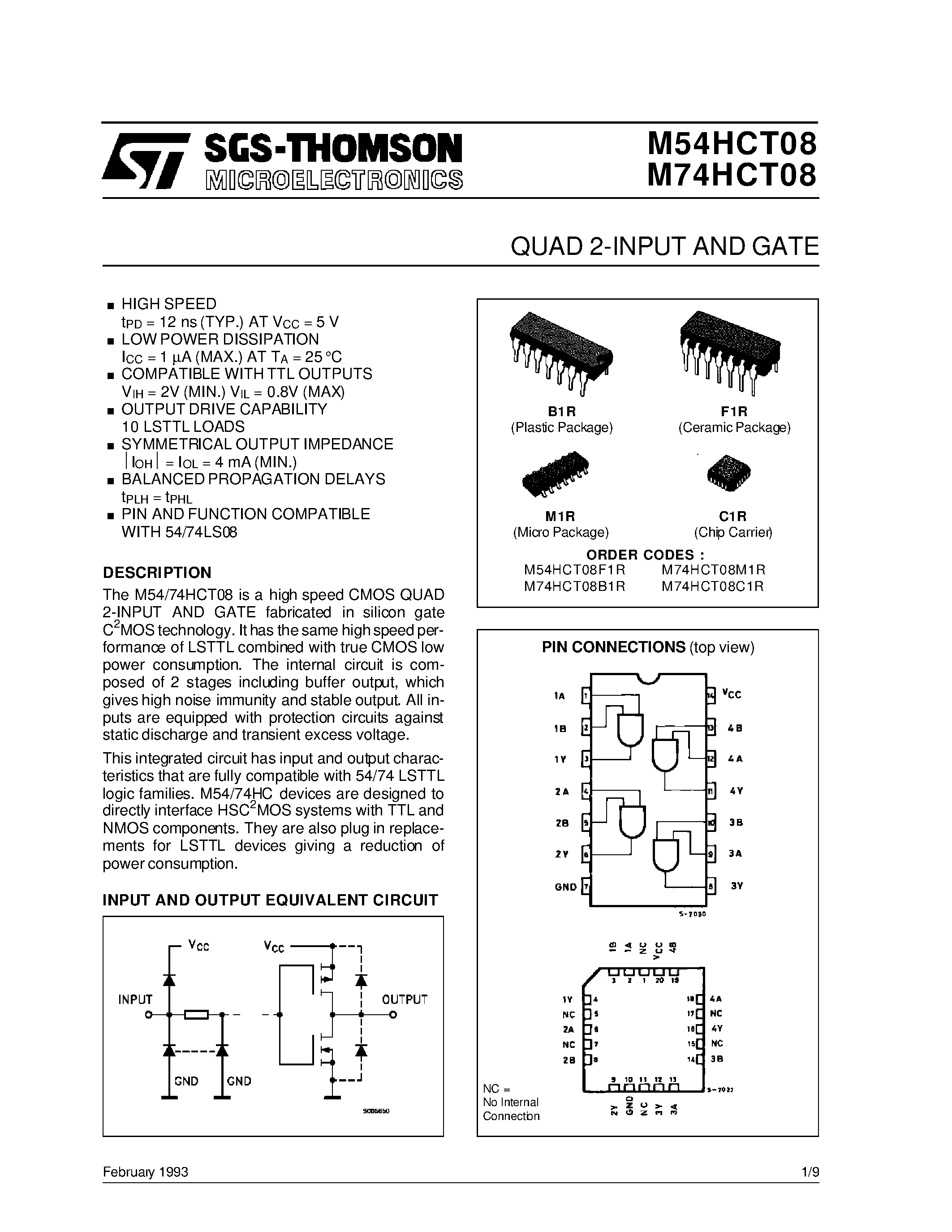 Datasheet M54HCT08 - QUAD 2-INPUT AND GATE page 1
