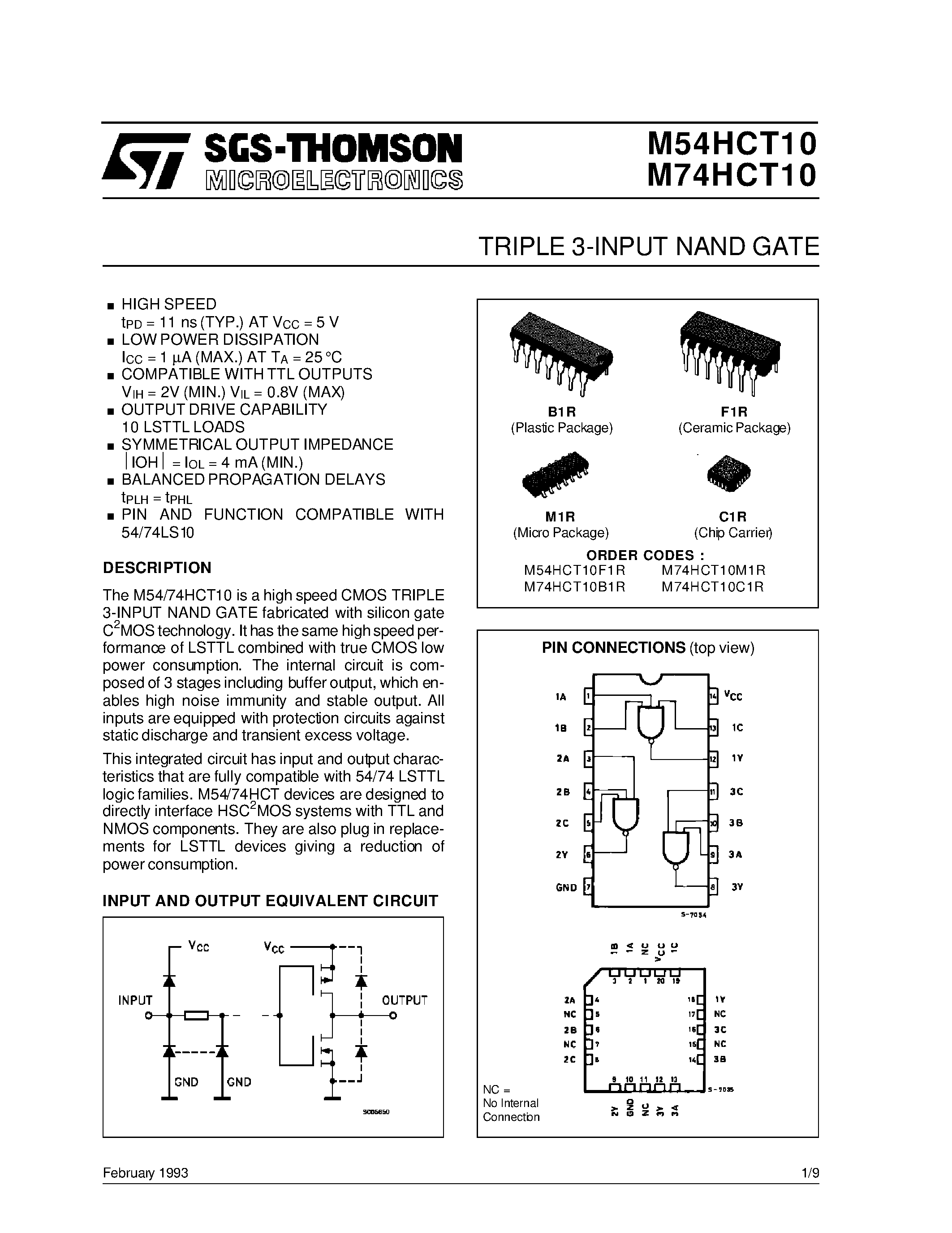 Datasheet M54HCT10 - TRIPLE 3-INPUT NAND GATE page 1