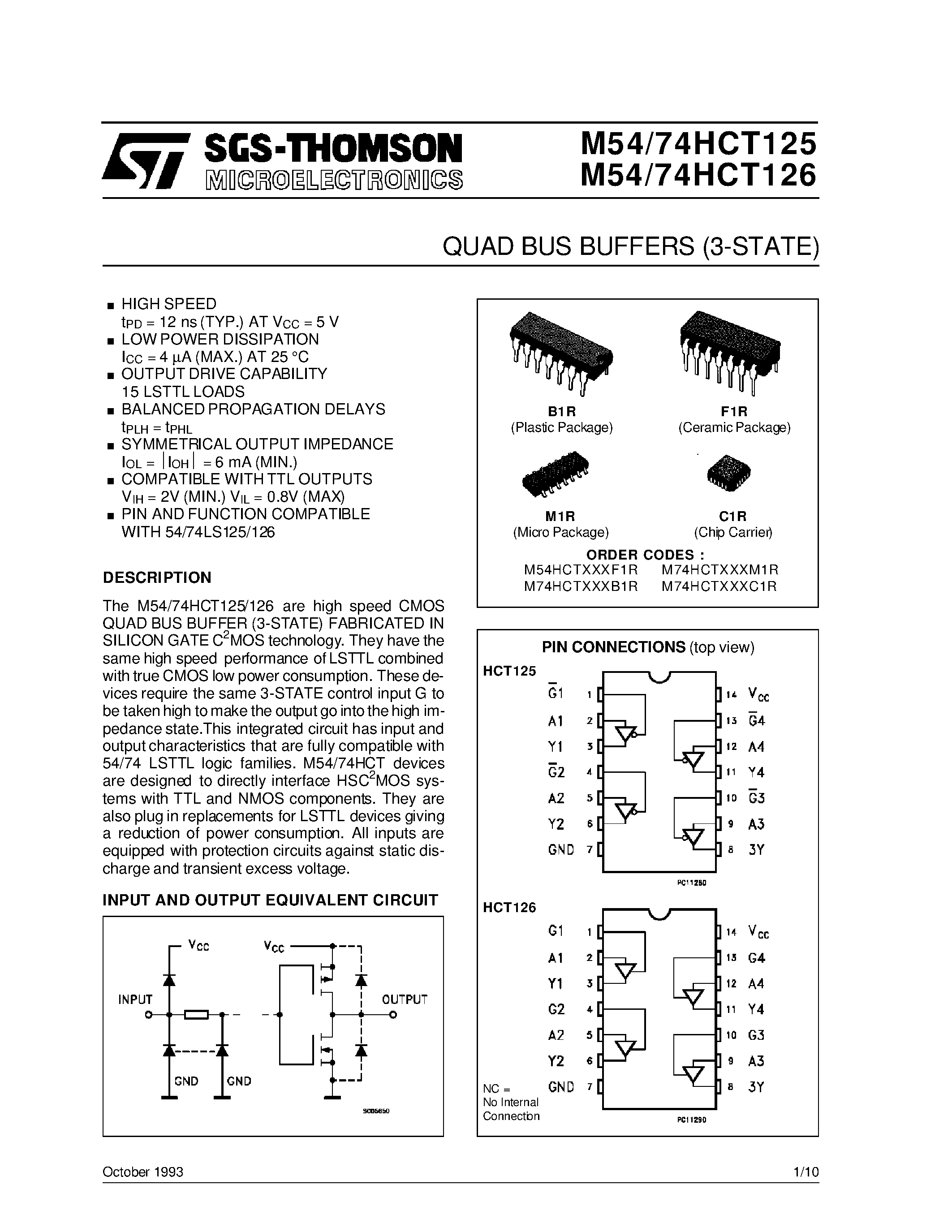Datasheet M54HCT125 - QUAD BUS BUFFERS 3-STATE page 1