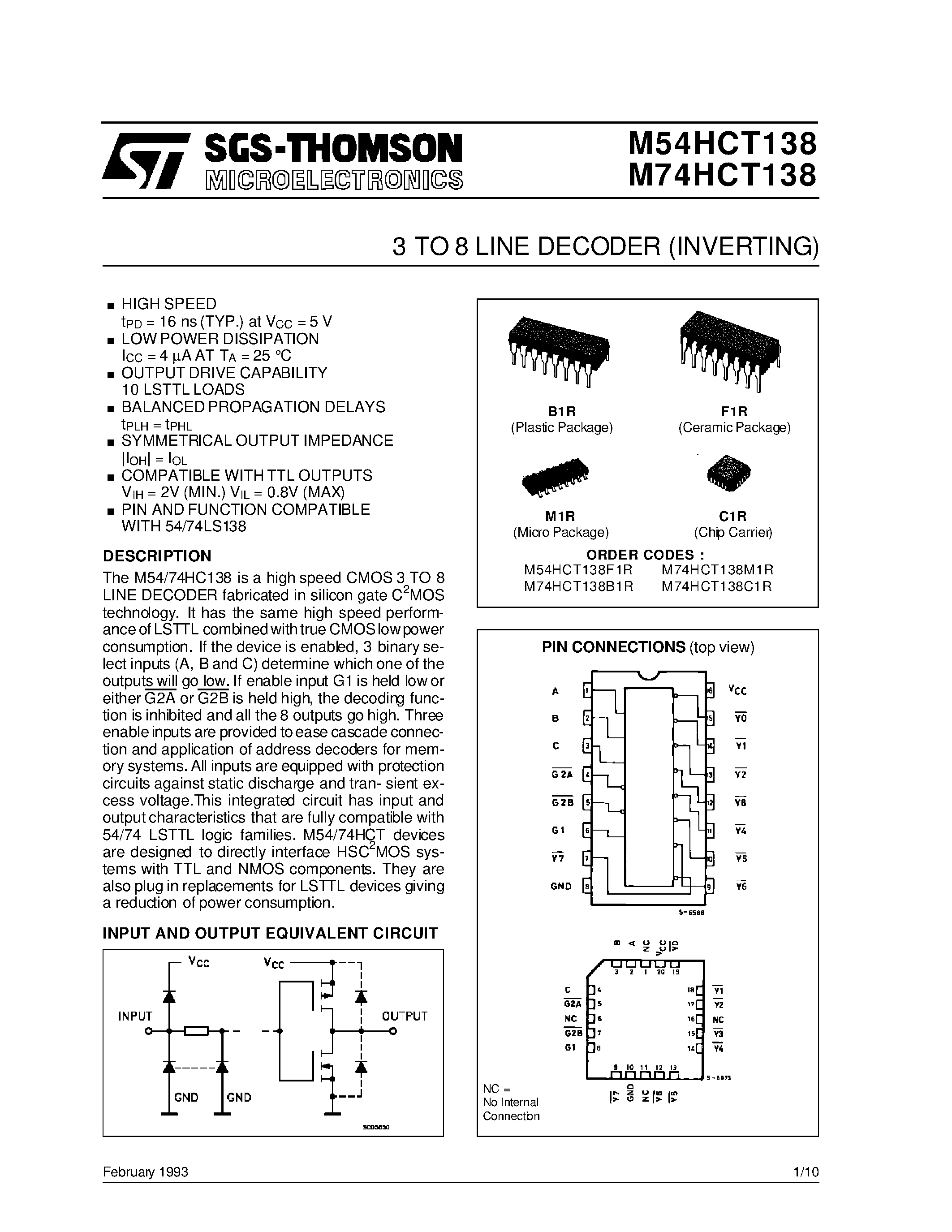 Datasheet M54HCT138F1R - 3 TO 8 LINE DECODER INVERTING page 1