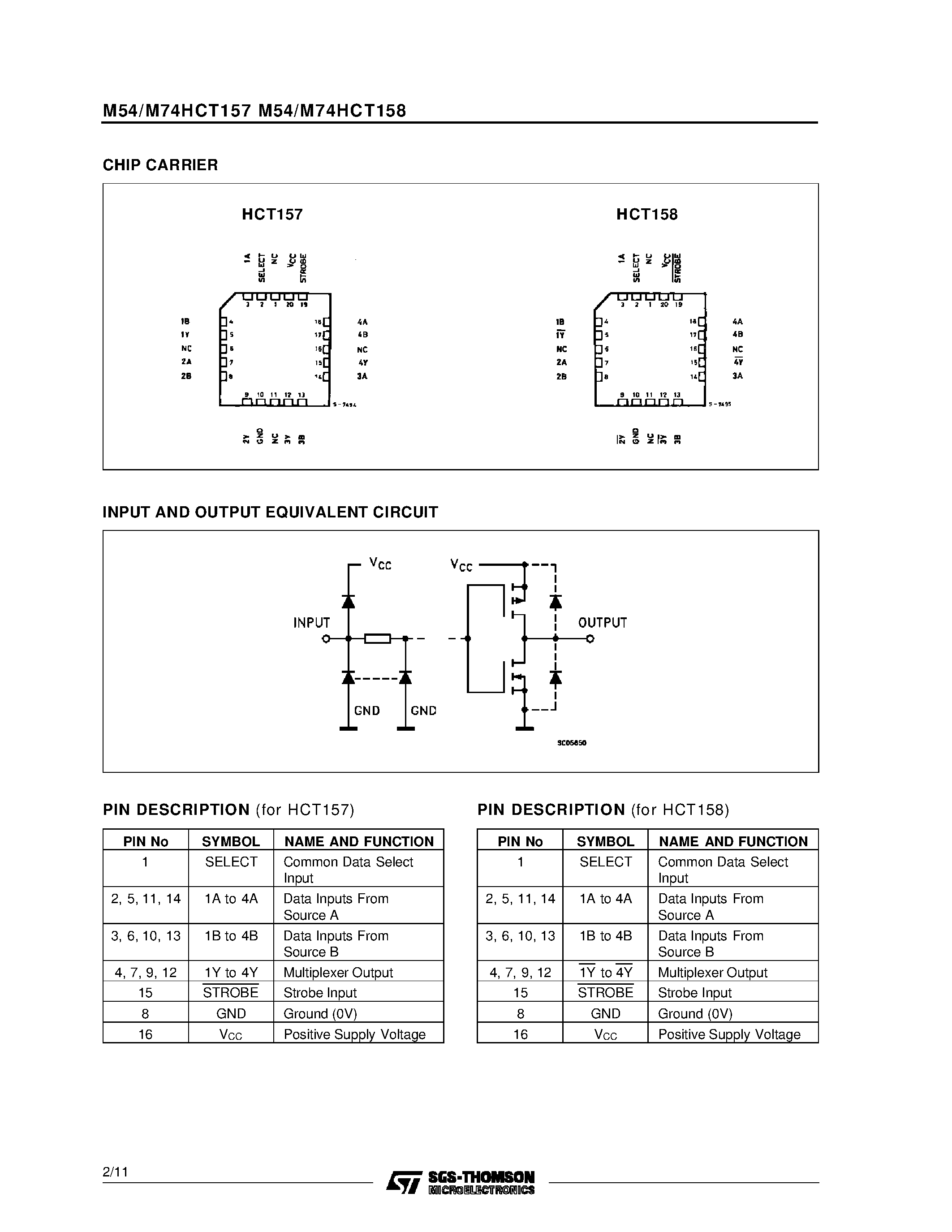 Datasheet M54HCT157 page 2 Datasheet M54HCT157 - HCT157 QUAD 2 CHANNEL MULTIPLEXER HCT158 QUAD 2 CHANNEL MULTIPLEXER INV. page 2
