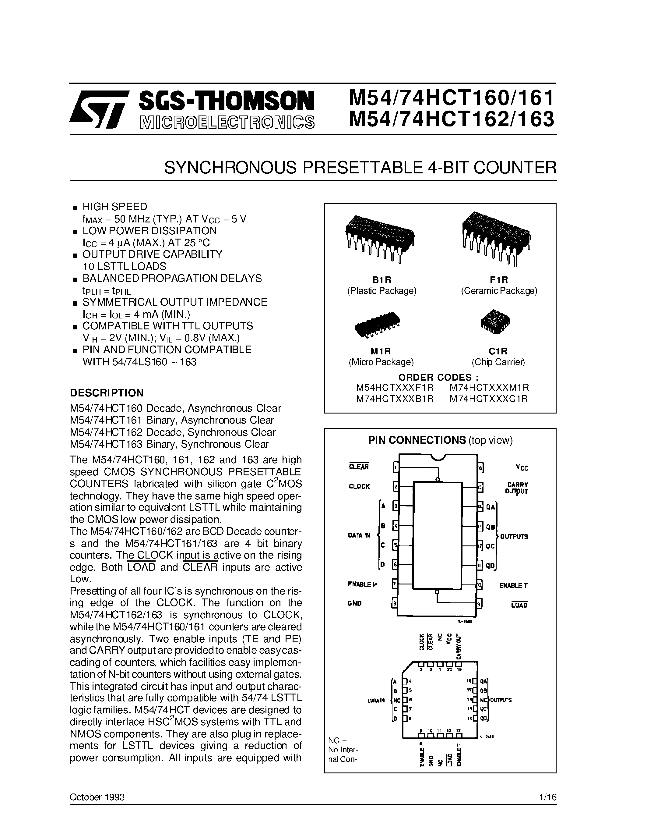 Datasheet M54HCT161 - SYNCHRONOUS PRESETTABLE 4-BIT COUNTER page 1