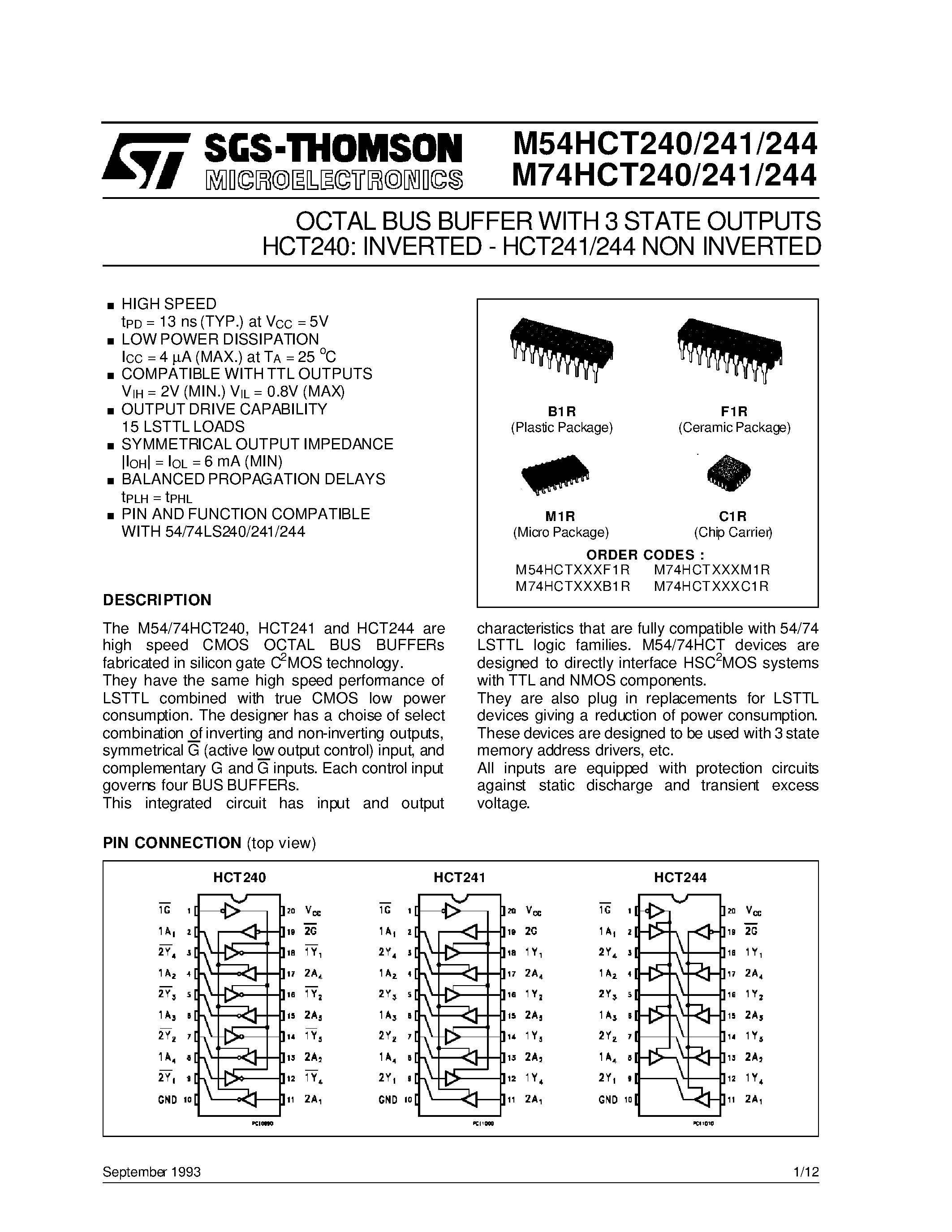 Datasheet M54HCT244F1R - OCTAL BUS BUFFER WITH 3 STATE OUTPUTS HCT240: INVERTED - HCT241/244 NON INVERTED page 1