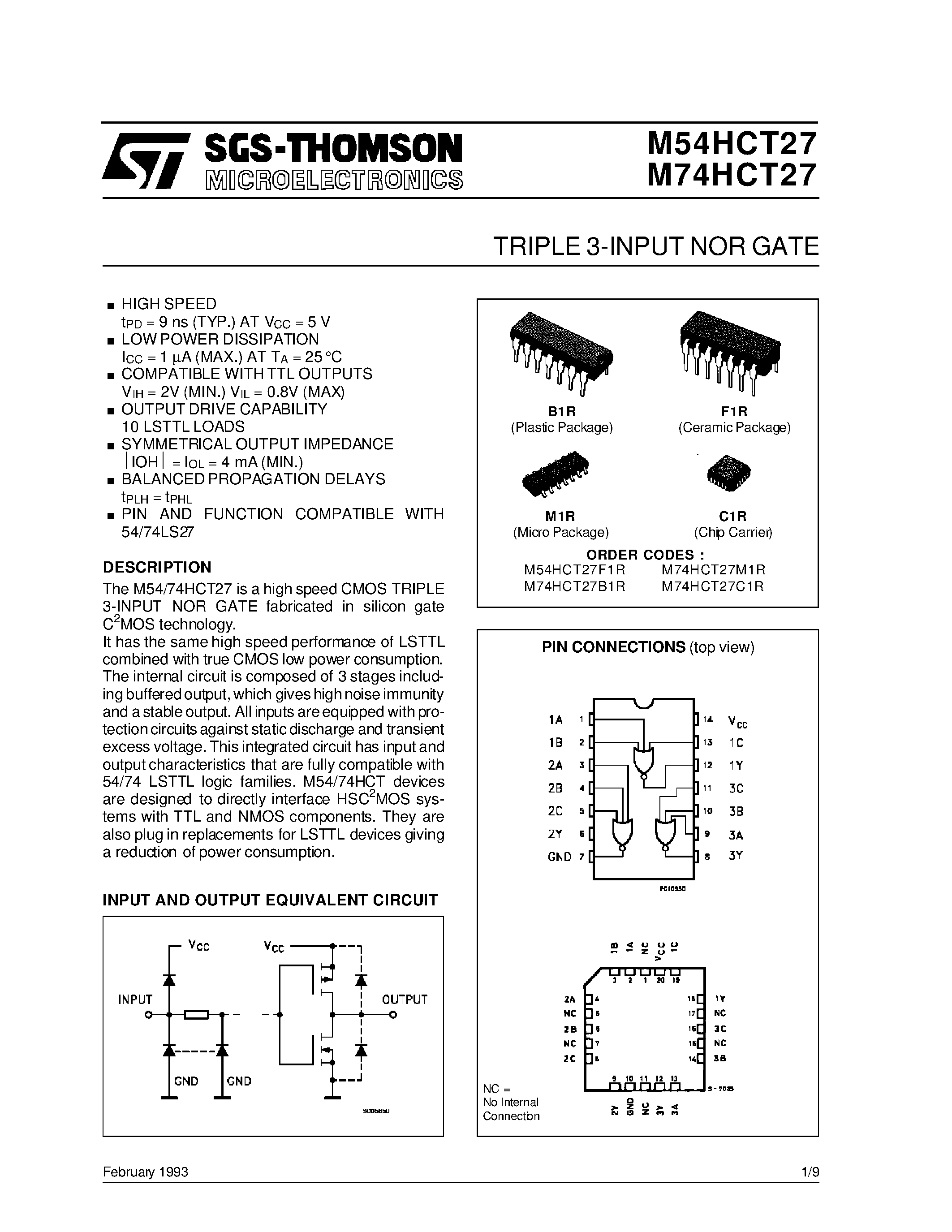 Datasheet M54HCT27F1R - TRIPLE 3-INPUT NOR GATE page 1