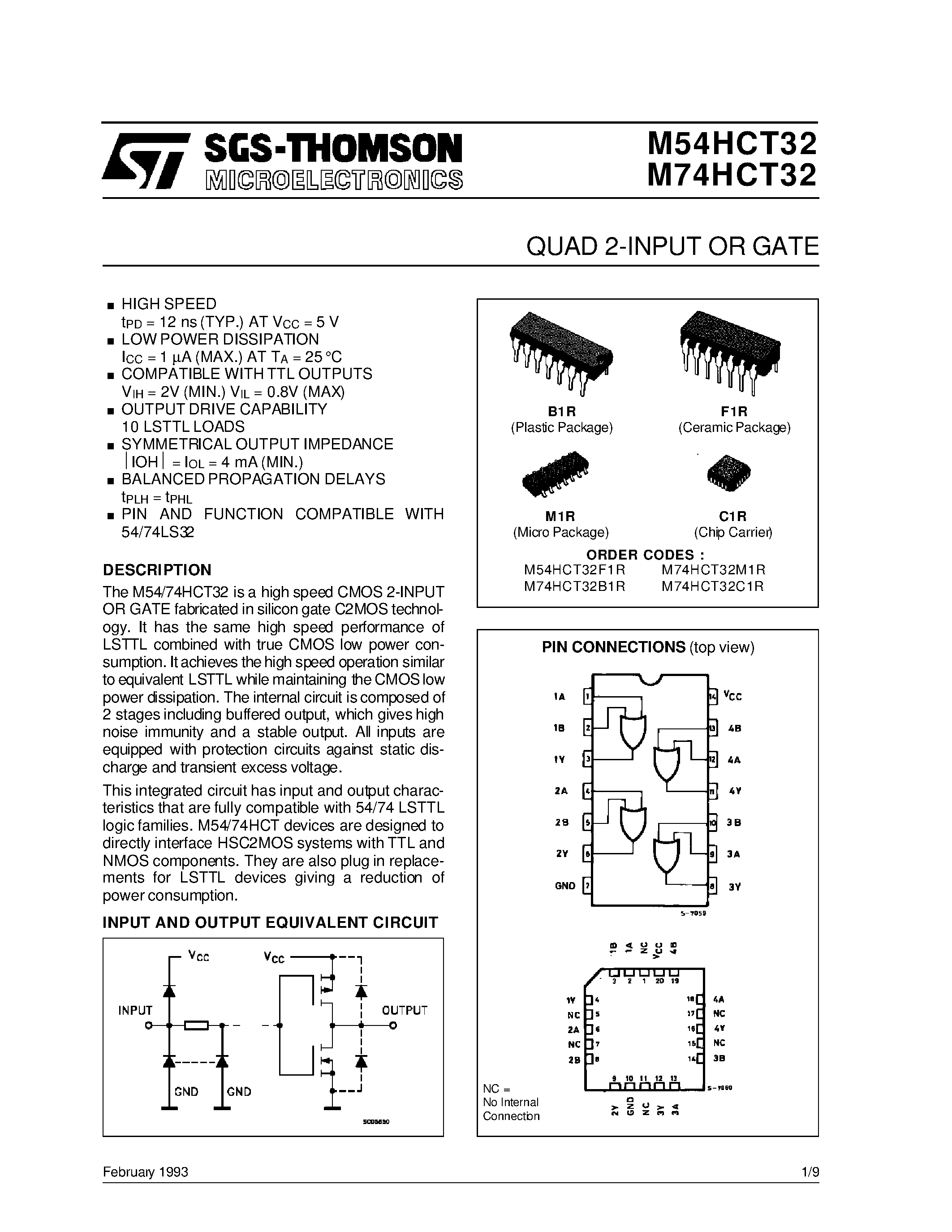 Datasheet M54HCT32 - QUAD 2-INPUT OR GATE page 1