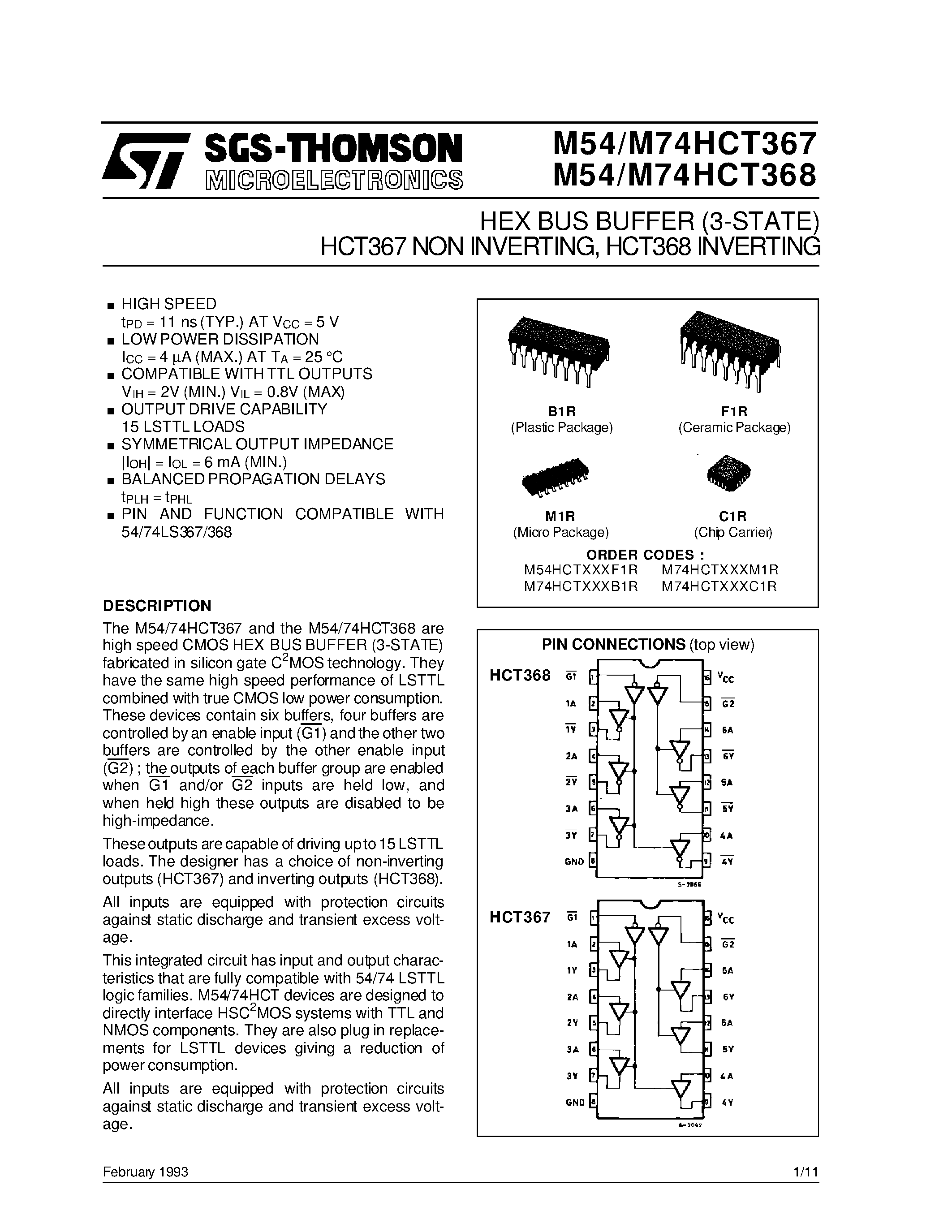 Datasheet M54HCT367 - HEX BUS BUFFER 3-STATE HCT367 NONINVERTING / HCT368 INVERTING page 1