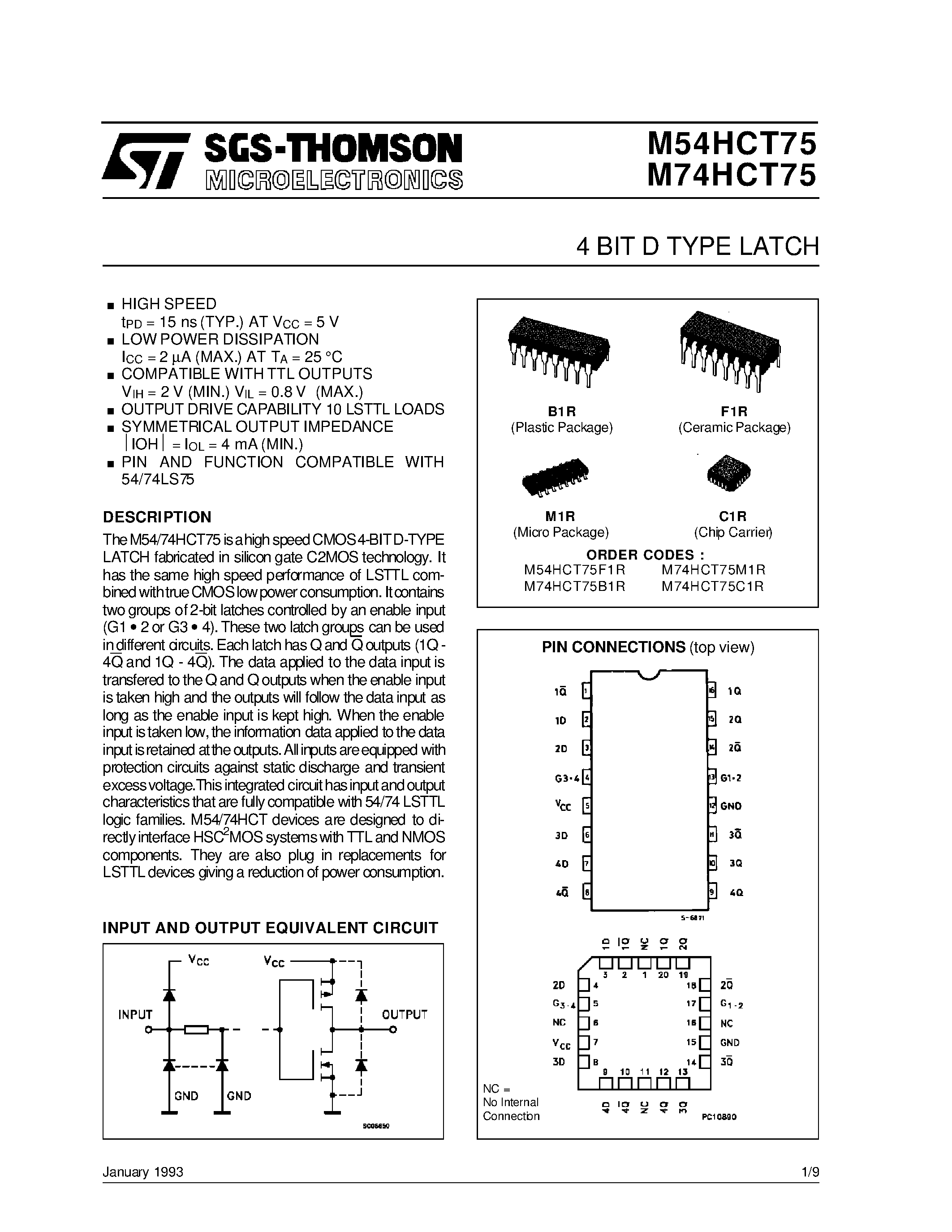 Даташит M54HCT75F1R - 4 BIT D TYPE LATCH страница 1