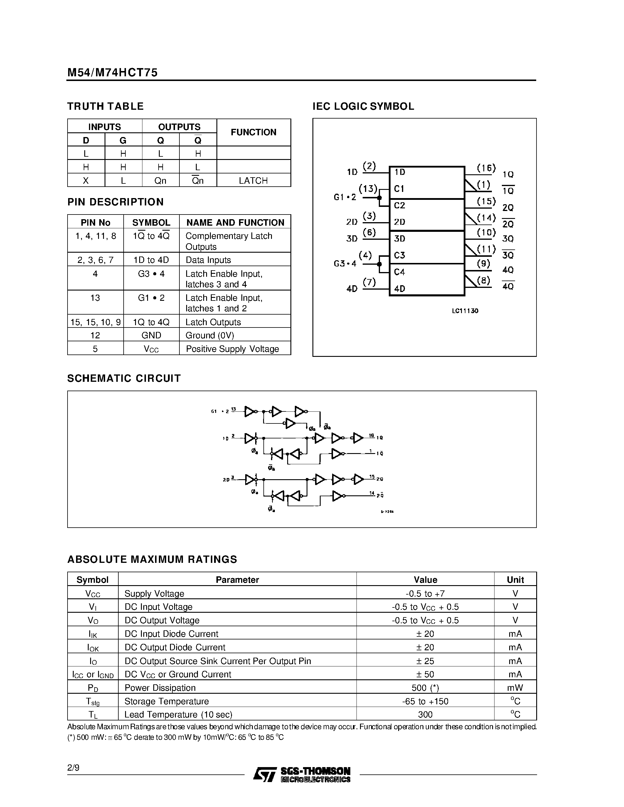 Даташит M54HCT75F1R - 4 BIT D TYPE LATCH страница 2