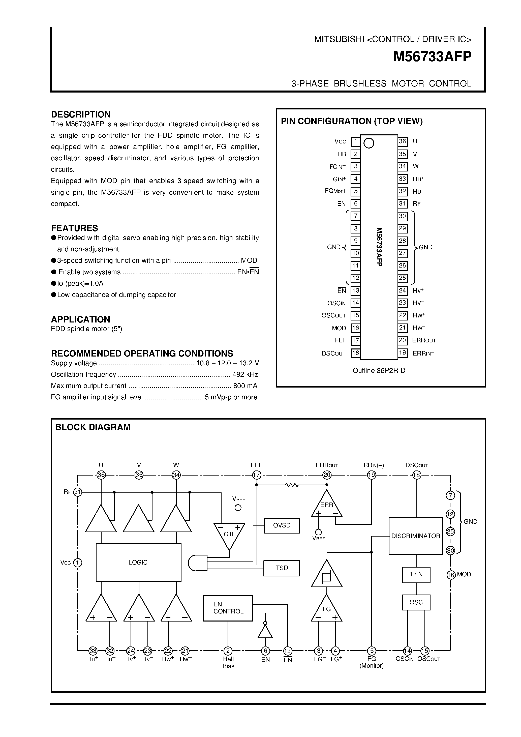 Datasheet M56733AFP - 3-PHASE BRUSHLESS MOTOR CONTROL page 1
