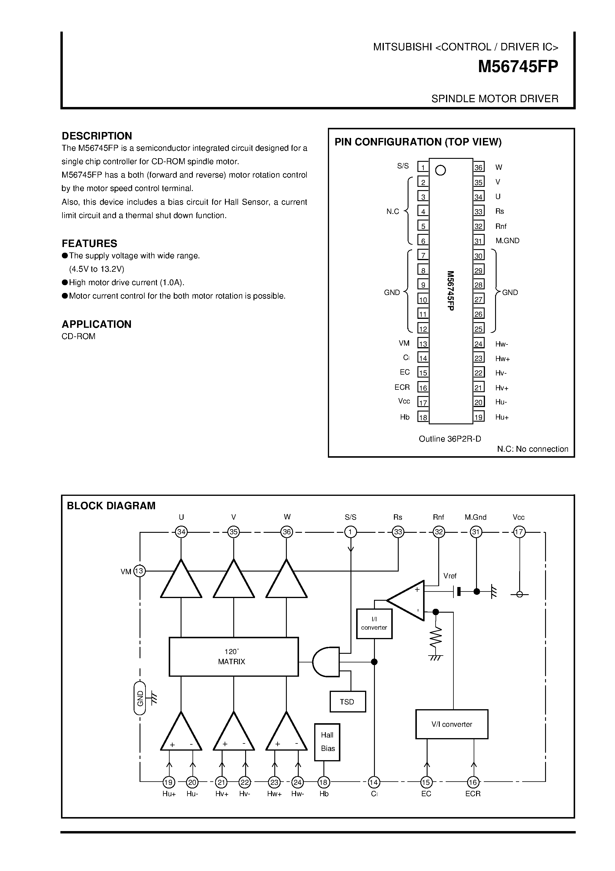 Datasheet M56745FP page 1 Datasheet M56745FP - SPINDLE MOTOR DRIVER page 1