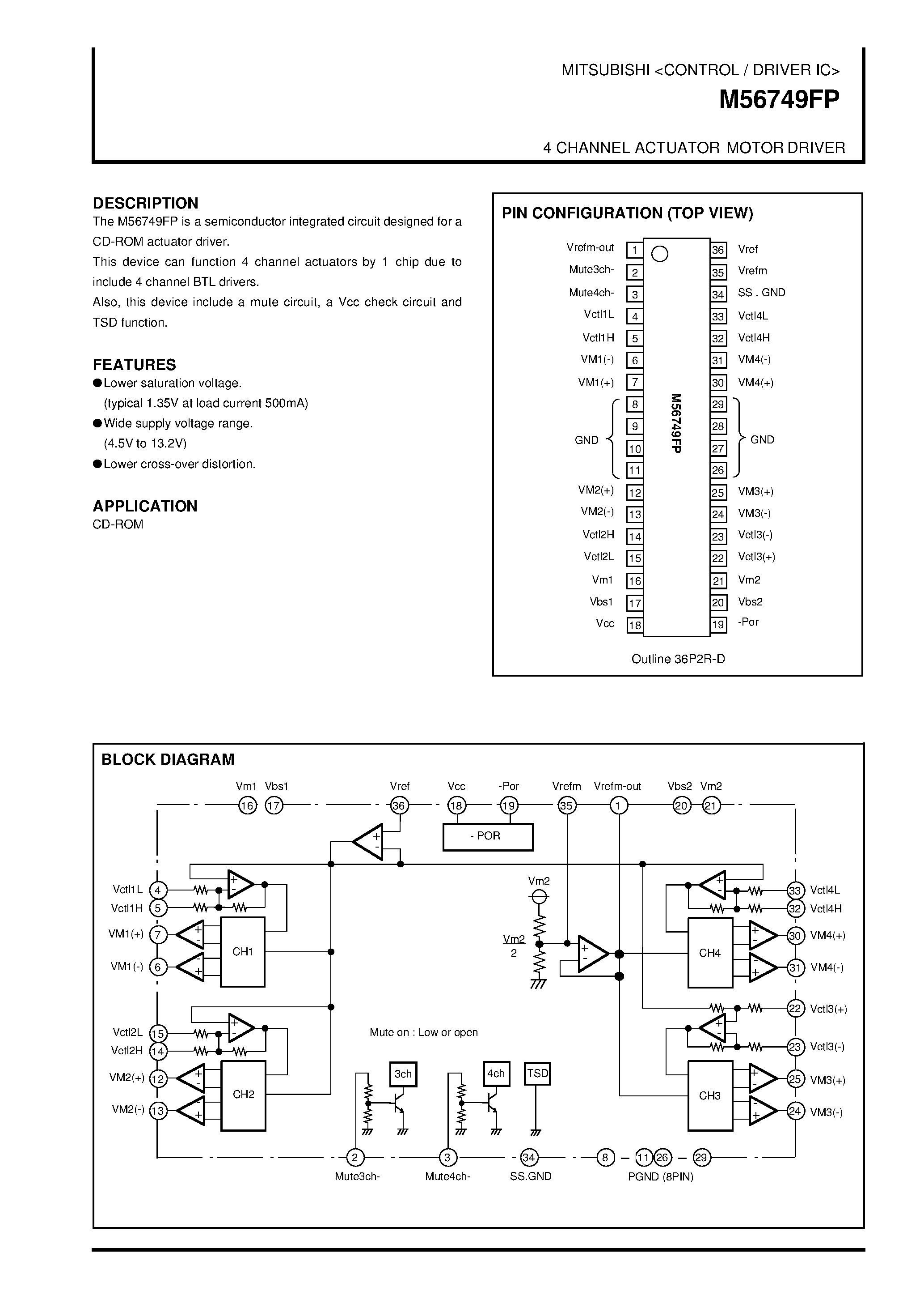 Datasheet M56749FP - 4 CHANNEL ACTUATOR MOTOR DRIVER page 1