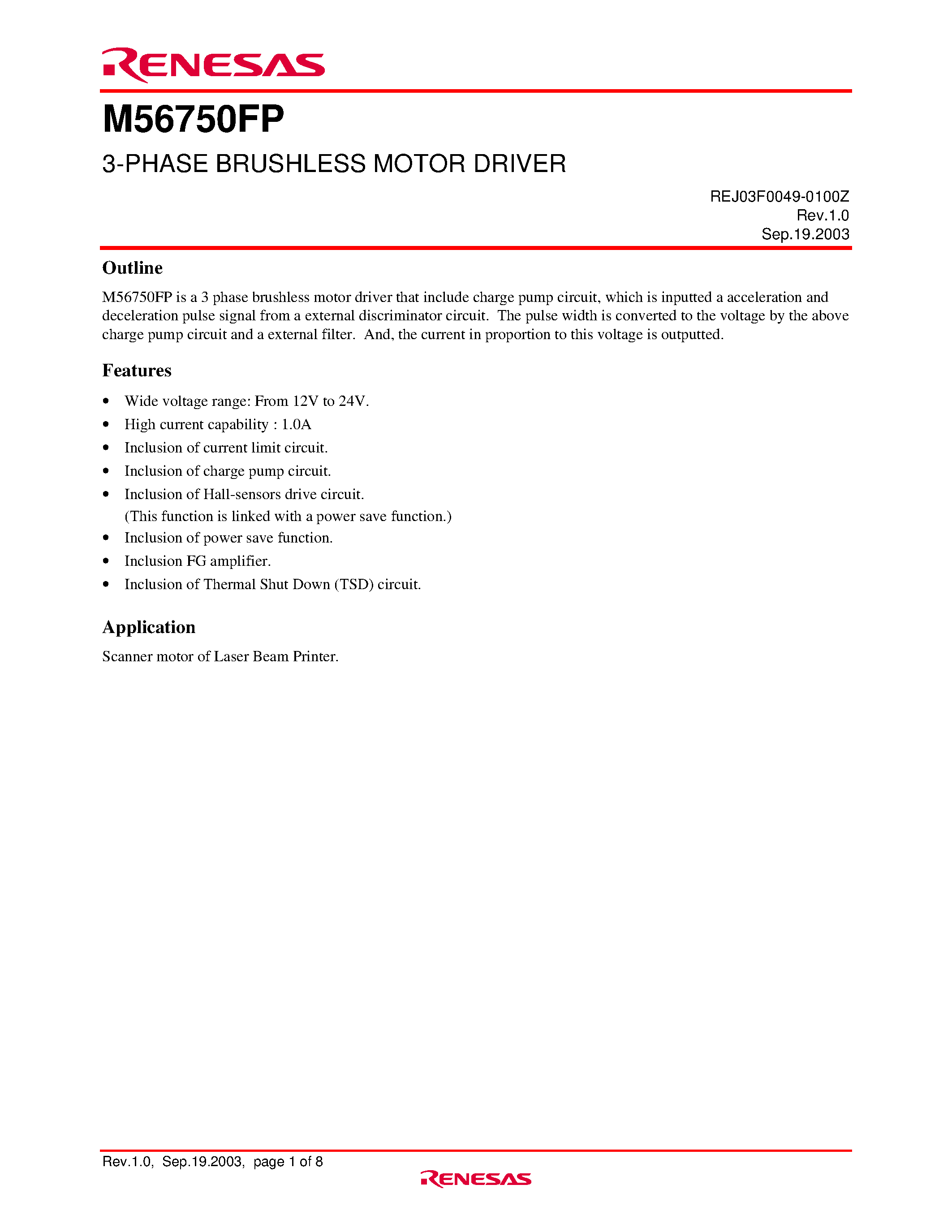 Datasheet M56750FP - 3-PHASE BRUSHLESS MOTOR DRIVER page 1