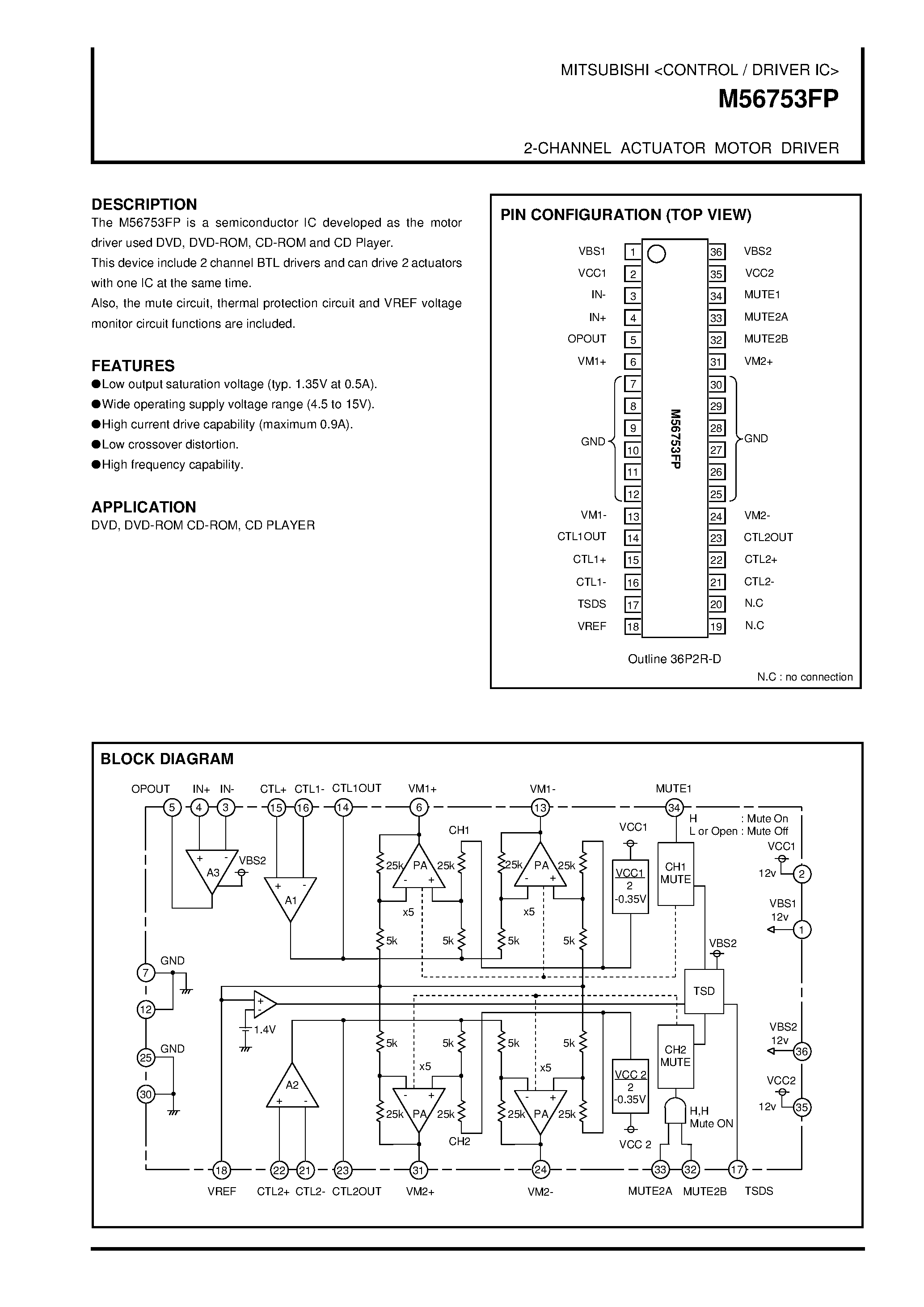 Datasheet M56753FP - 2-CHANNEL ACTUATOR MOTOR DRIVER page 1
