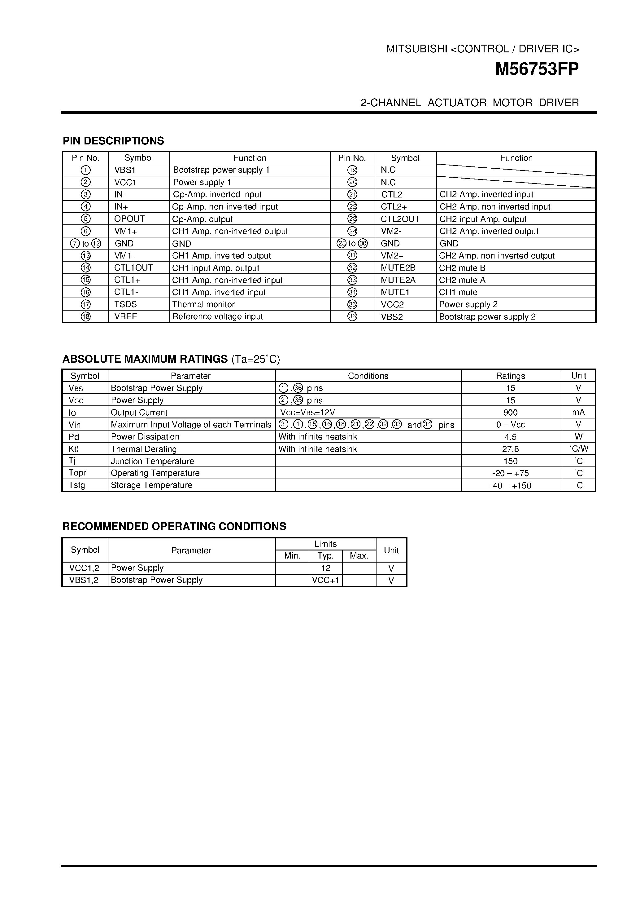 Datasheet M56753FP - 2-CHANNEL ACTUATOR MOTOR DRIVER page 2