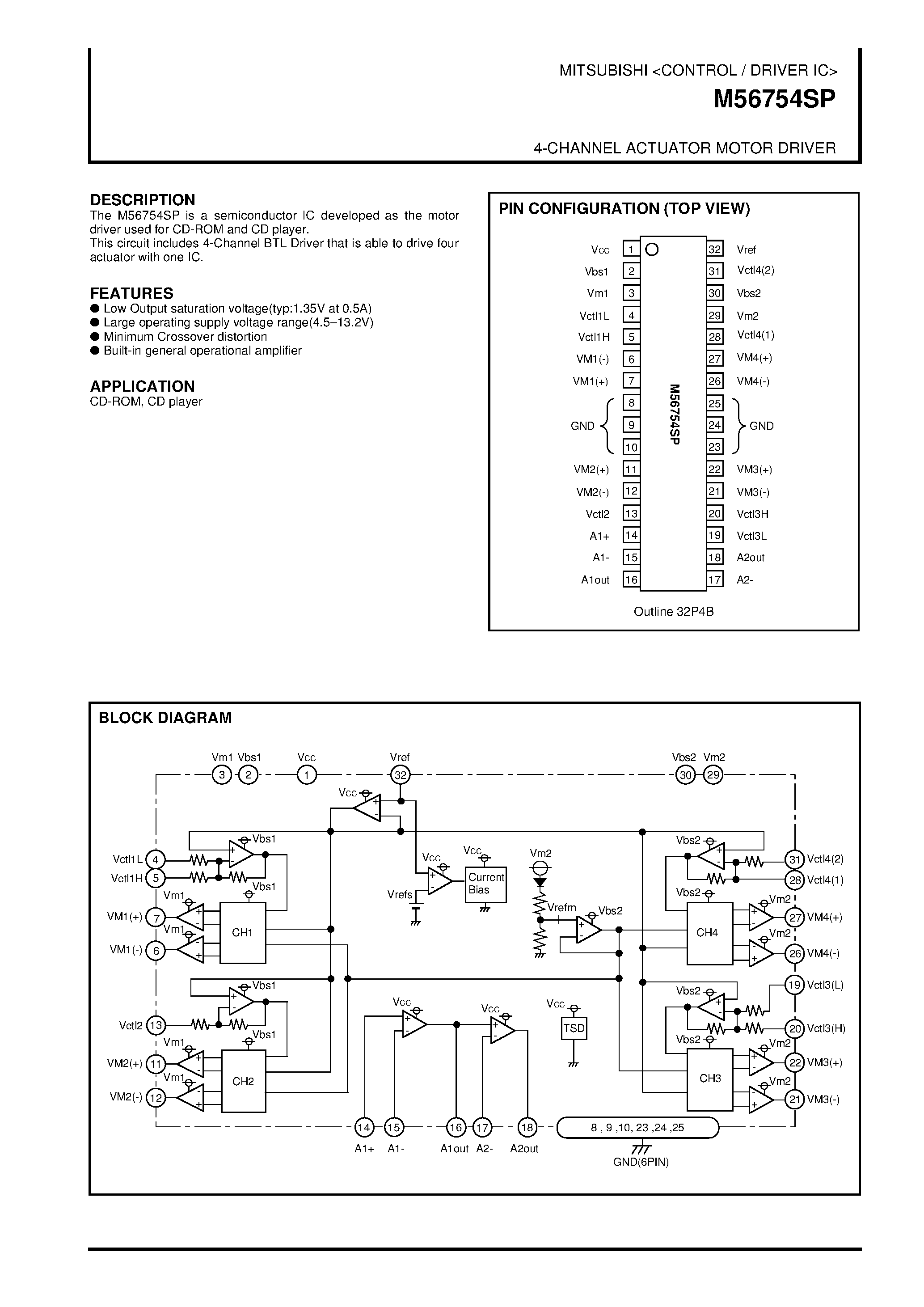 Datasheet M56754SP - 4-CHANNEL ACTUATOR MOTOR DRIVER page 1