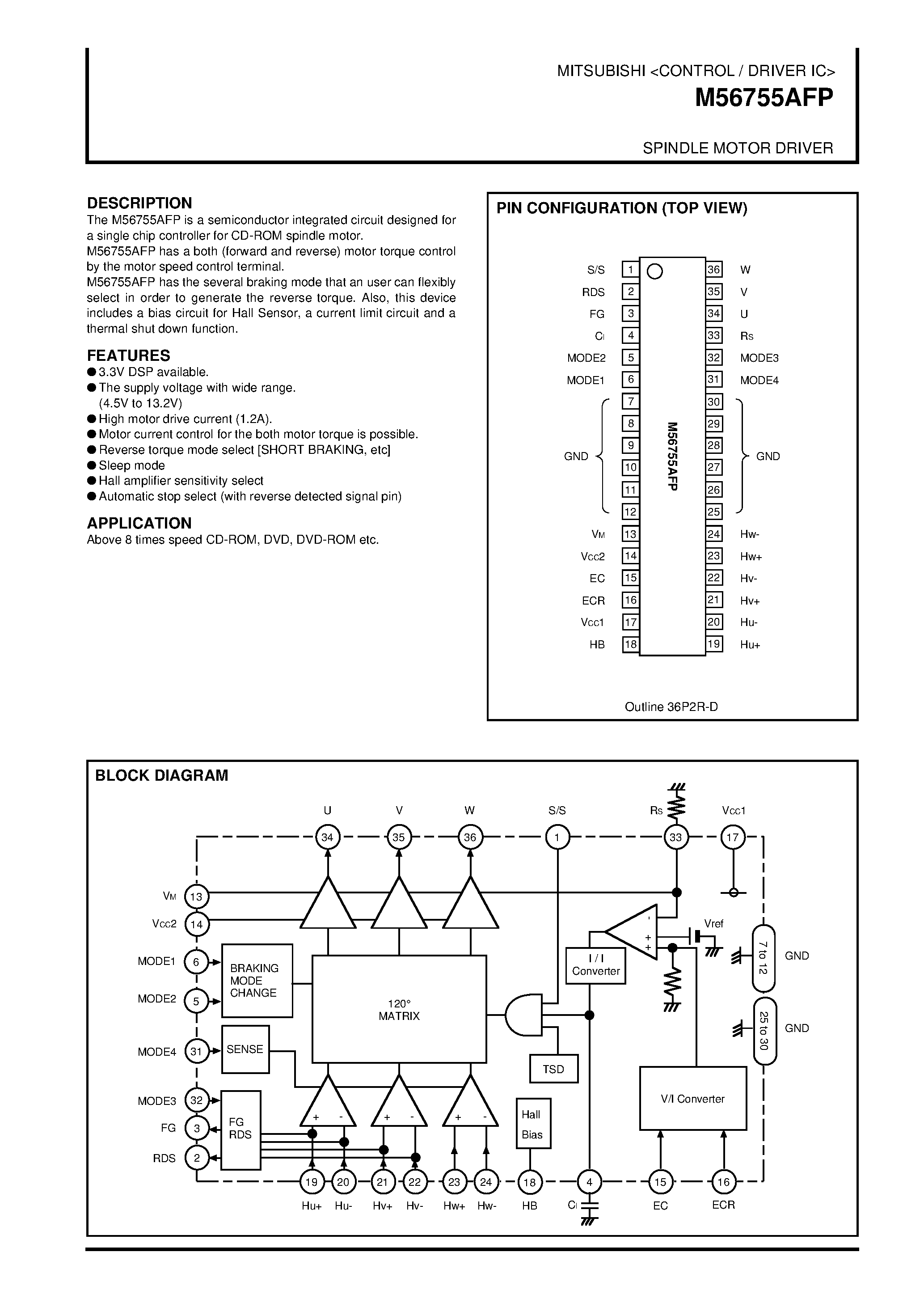 Даташит на микросхему M56755AFP страница 1 Даташит M56755AFP - SPINDLE MOTOR DRIVER страница 1