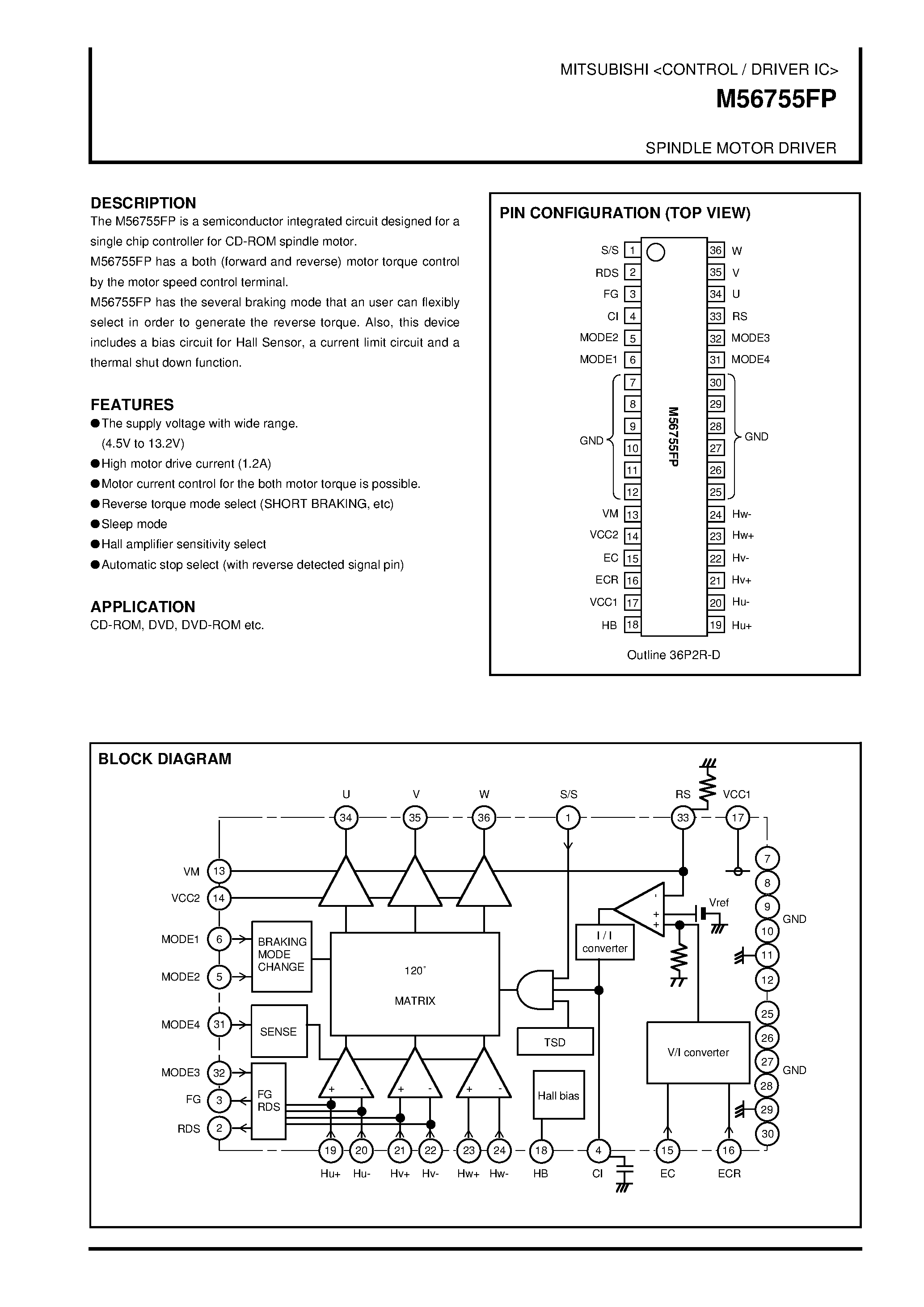 Даташит на микросхему M56755FP страница 1 Даташит M56755FP - SPINDLE MOTOR DRIVER страница 1