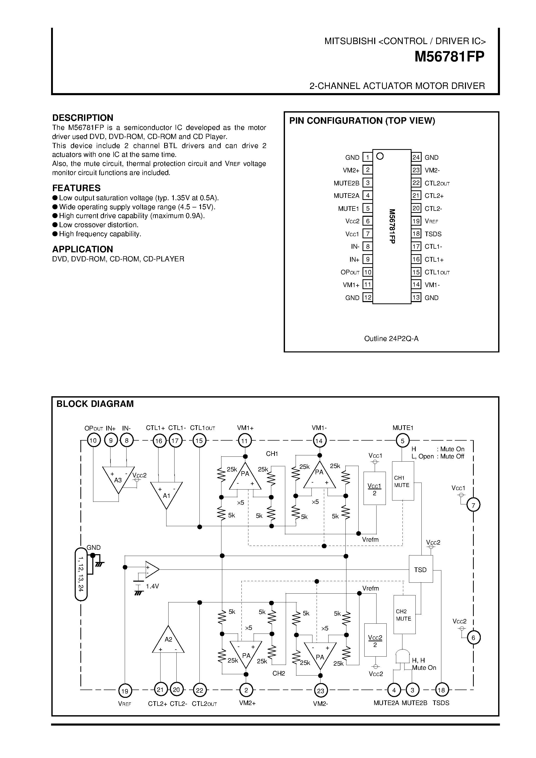 Datasheet M56781FP page 1 Datasheet M56781FP - 2-CHANNEL ACTUATOR MOTOR DRIVER page 1
