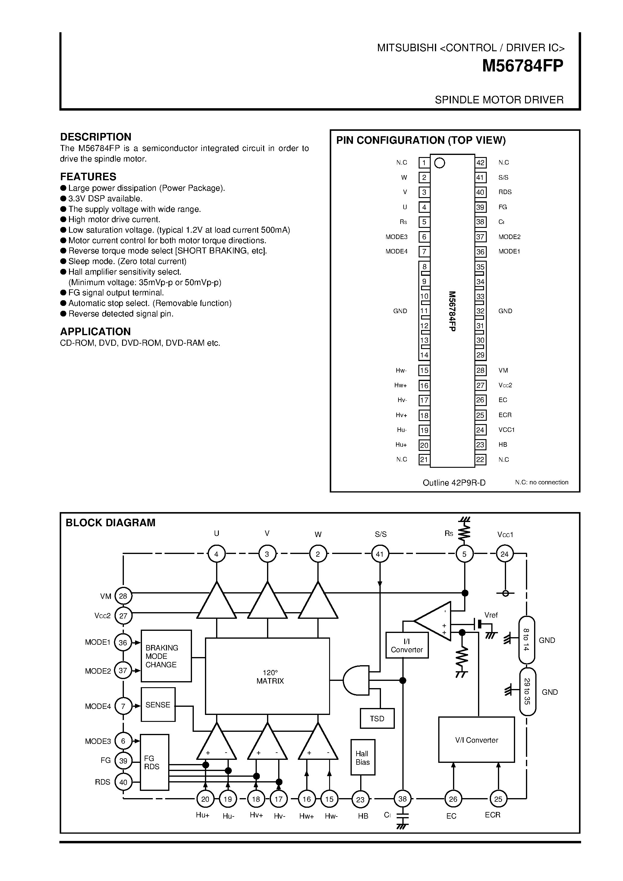 Даташит на микросхему M56784 страница 1 Даташит M56784 - SPINDLE MOTOR DRIVER страница 1