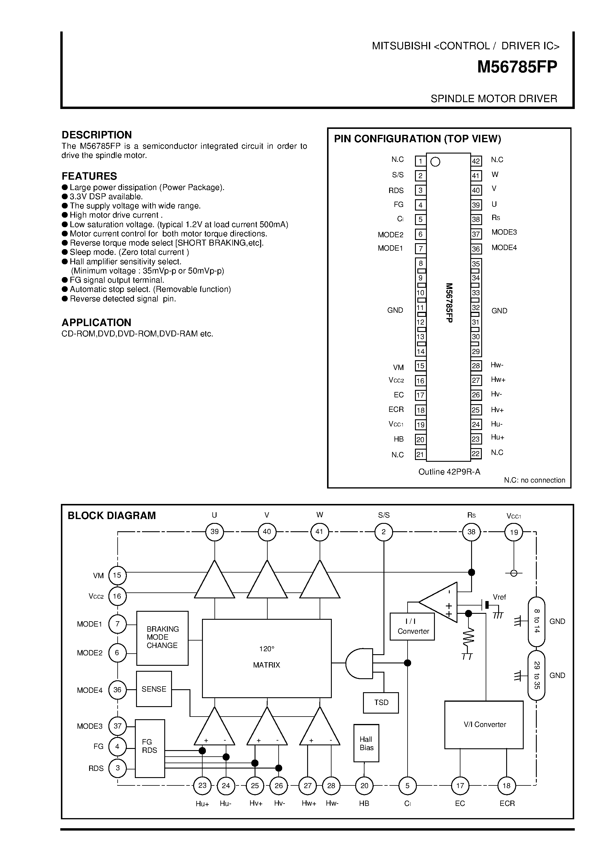 Даташит на микросхему M56785FP страница 1 Даташит M56785FP - SPINDLE MOTOR DRIVER страница 1