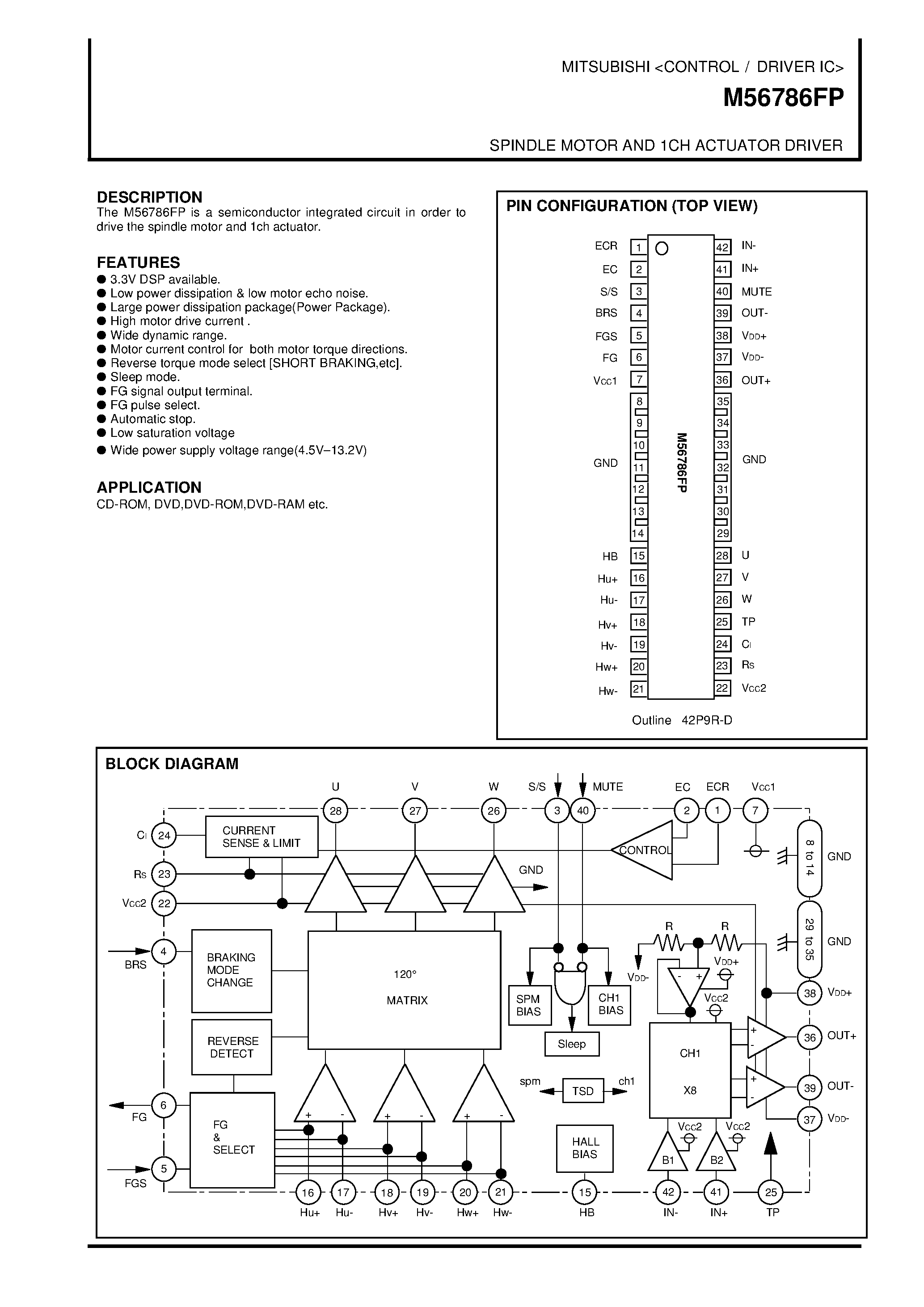 Даташит на микросхему M56786FP страница 1 Даташит M56786FP - SPINDLE MOTOR AND 1CH ACTUATOR DRIVER страница 1