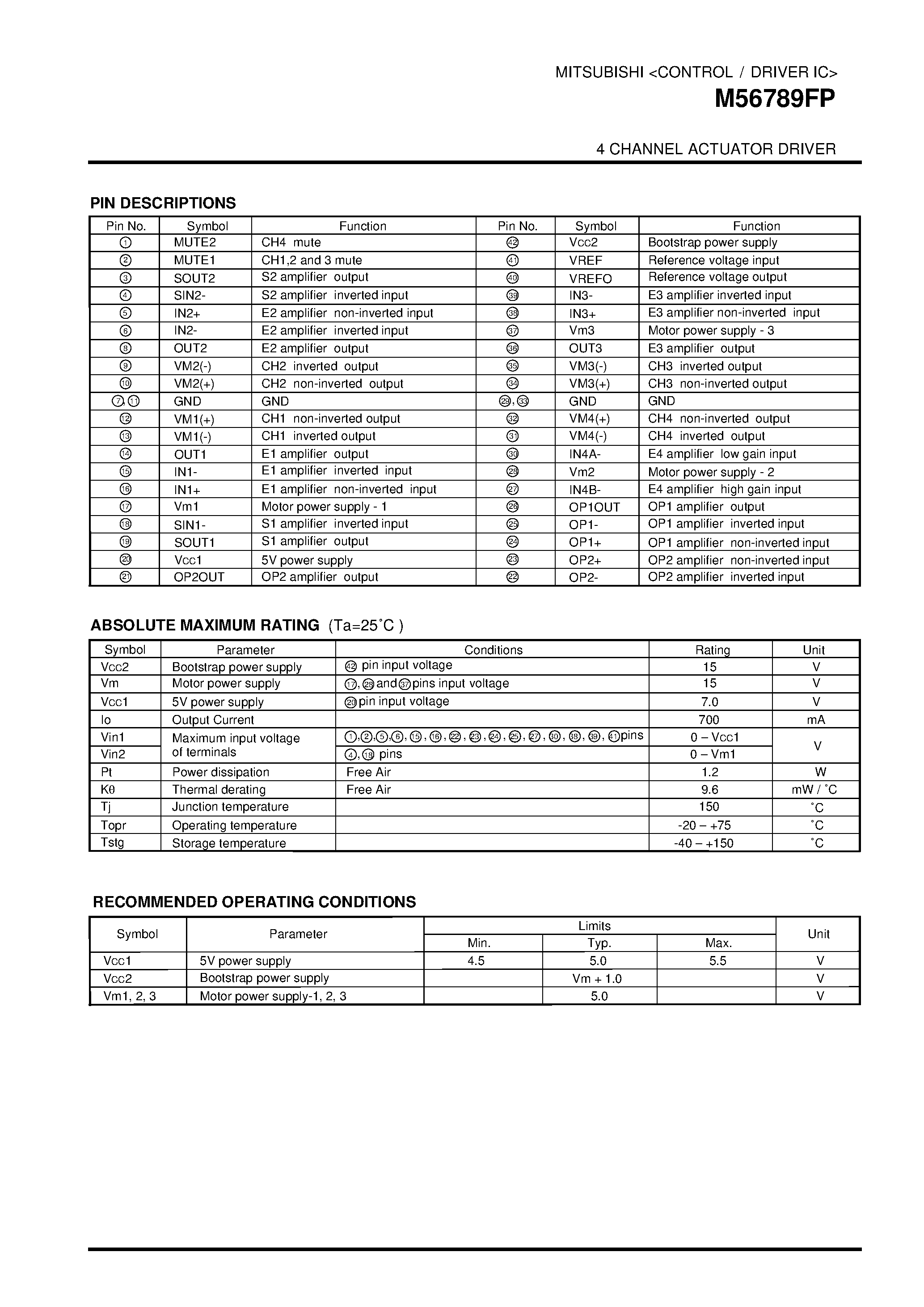 Datasheet M56789FP - 4 CHANNEL ACTUATOR DRIVER page 2