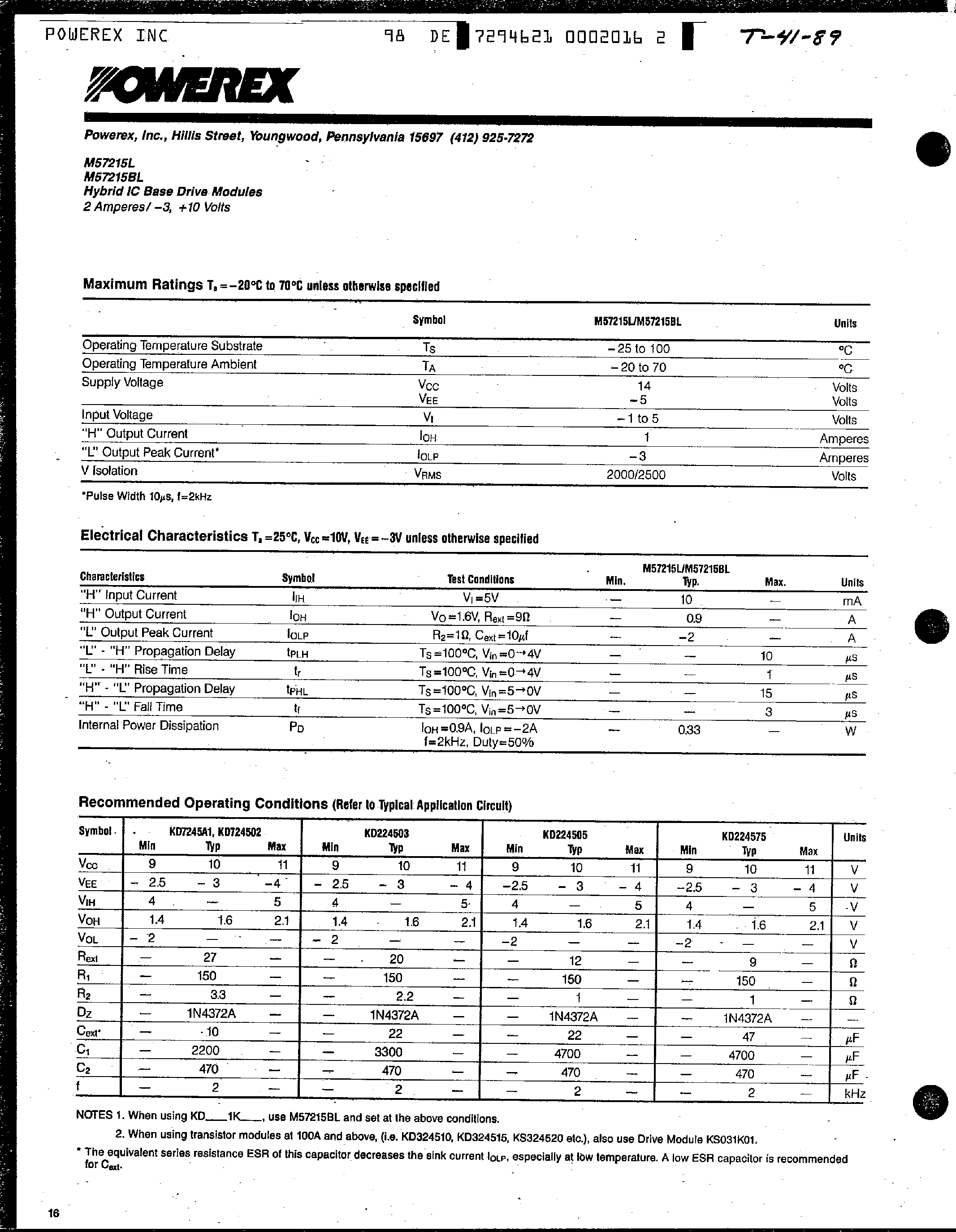 Datasheet M57215 - Hybrid IC Base Drive Modules (2 Amperes/-3 / +10 Volts) page 2