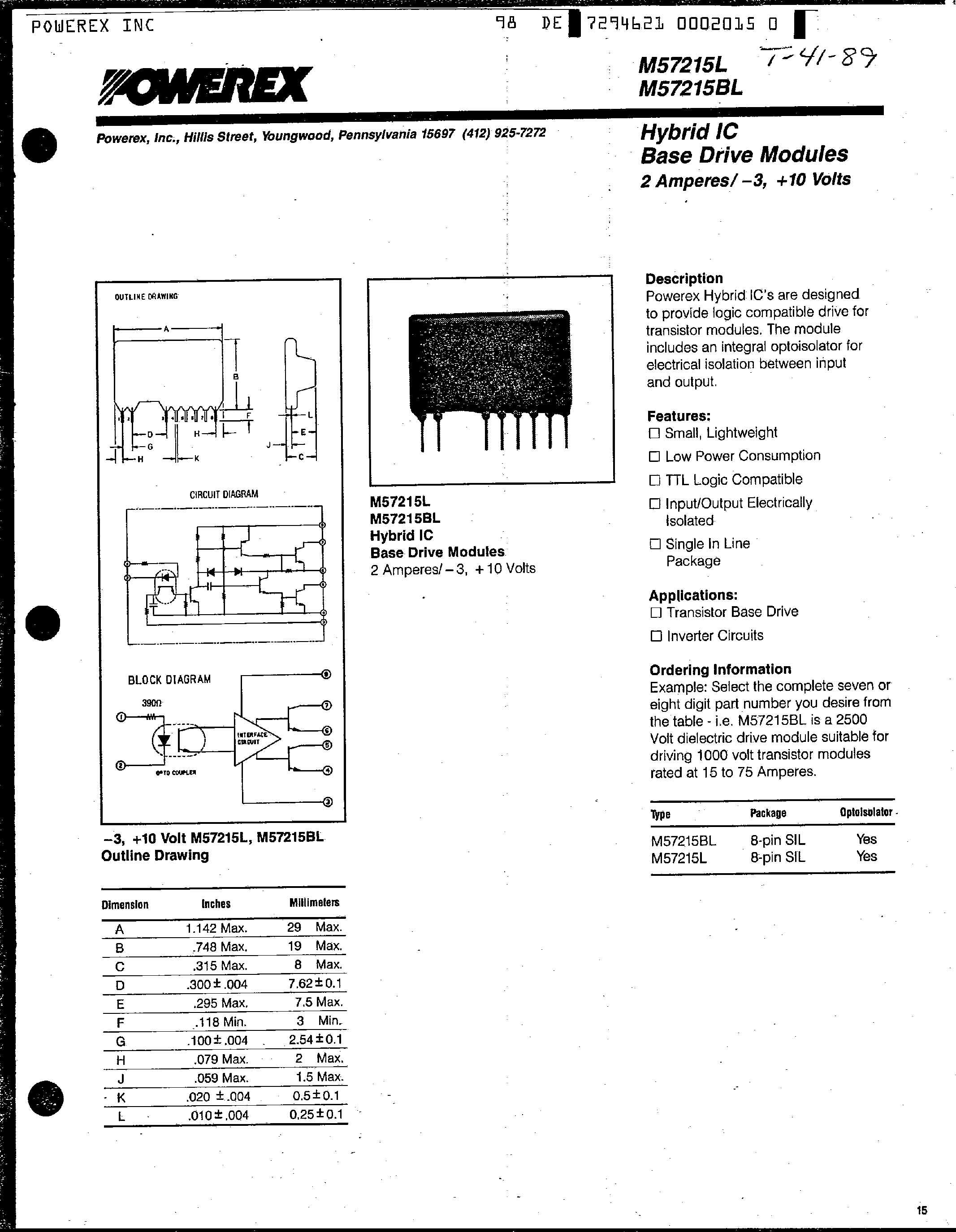 Datasheet M57215L - Hybrid IC Base Drive Modules (2 Amperes/-3 / +10 Volts) page 1