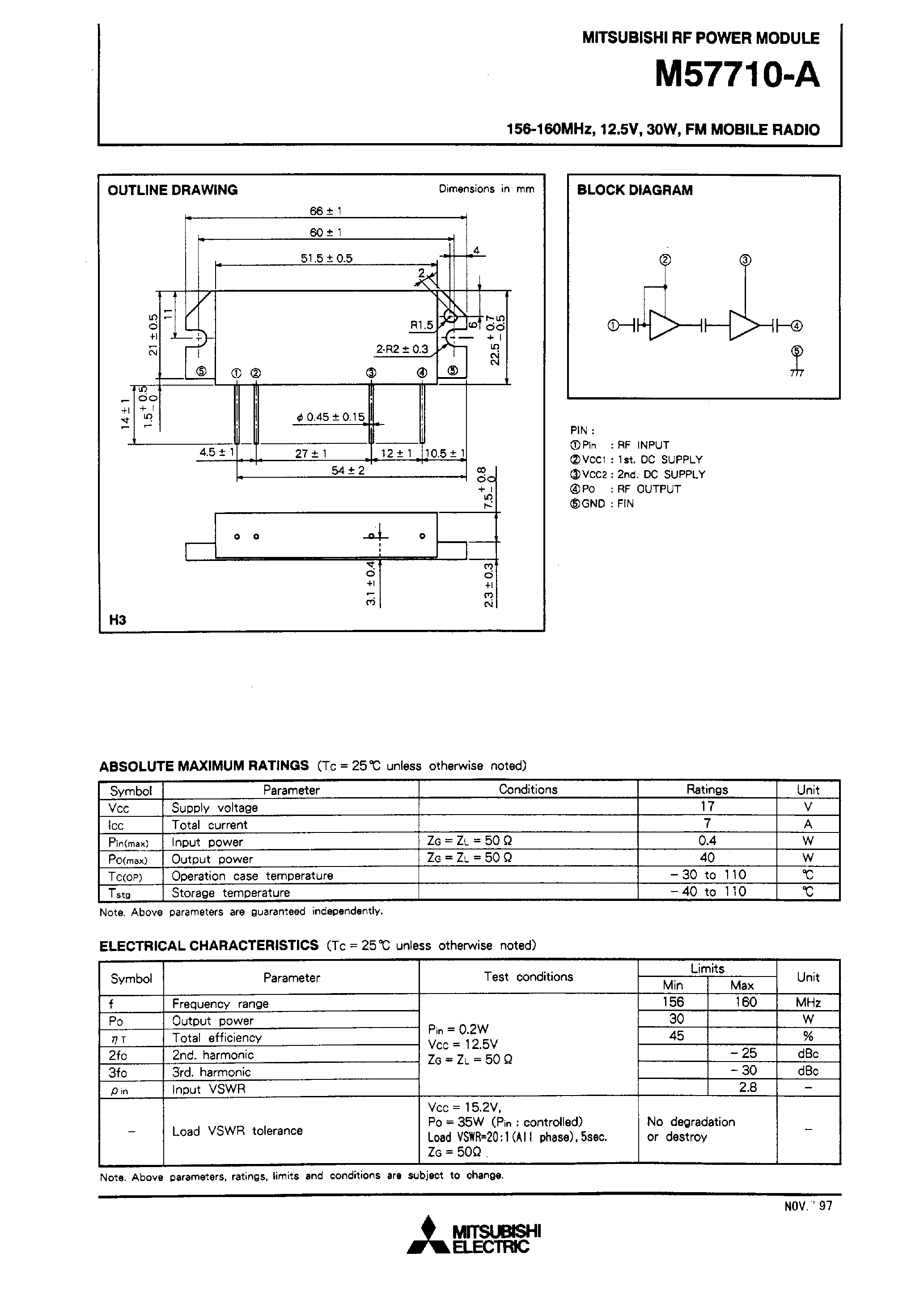 Datasheet M57710-A - 156-160MHz 12.5V /30W /FM MOBILE RADIO page 1