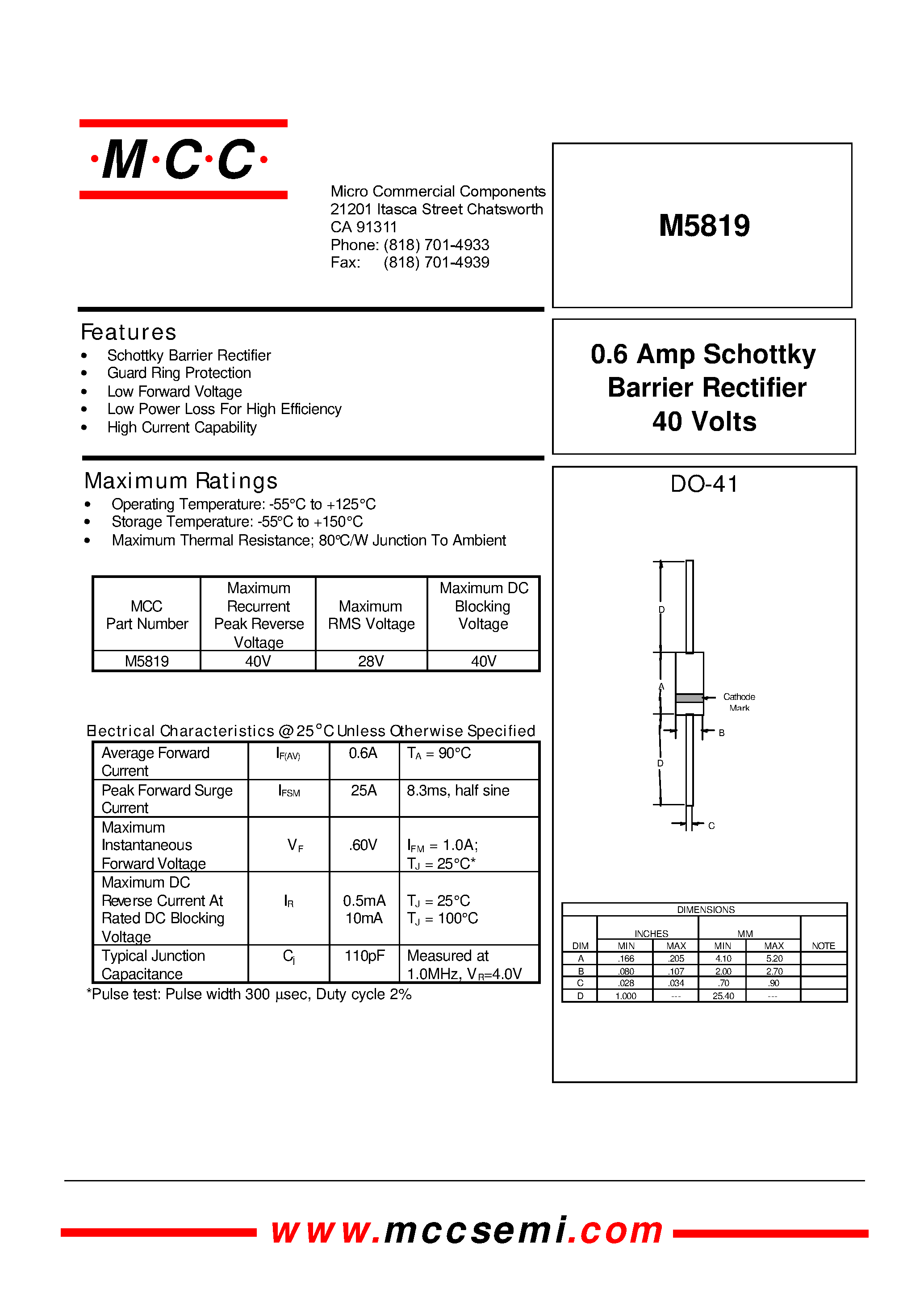 Datasheet M5819 - 0.6 Amp Schottky Barrier Rectifier 40 Volts page 1