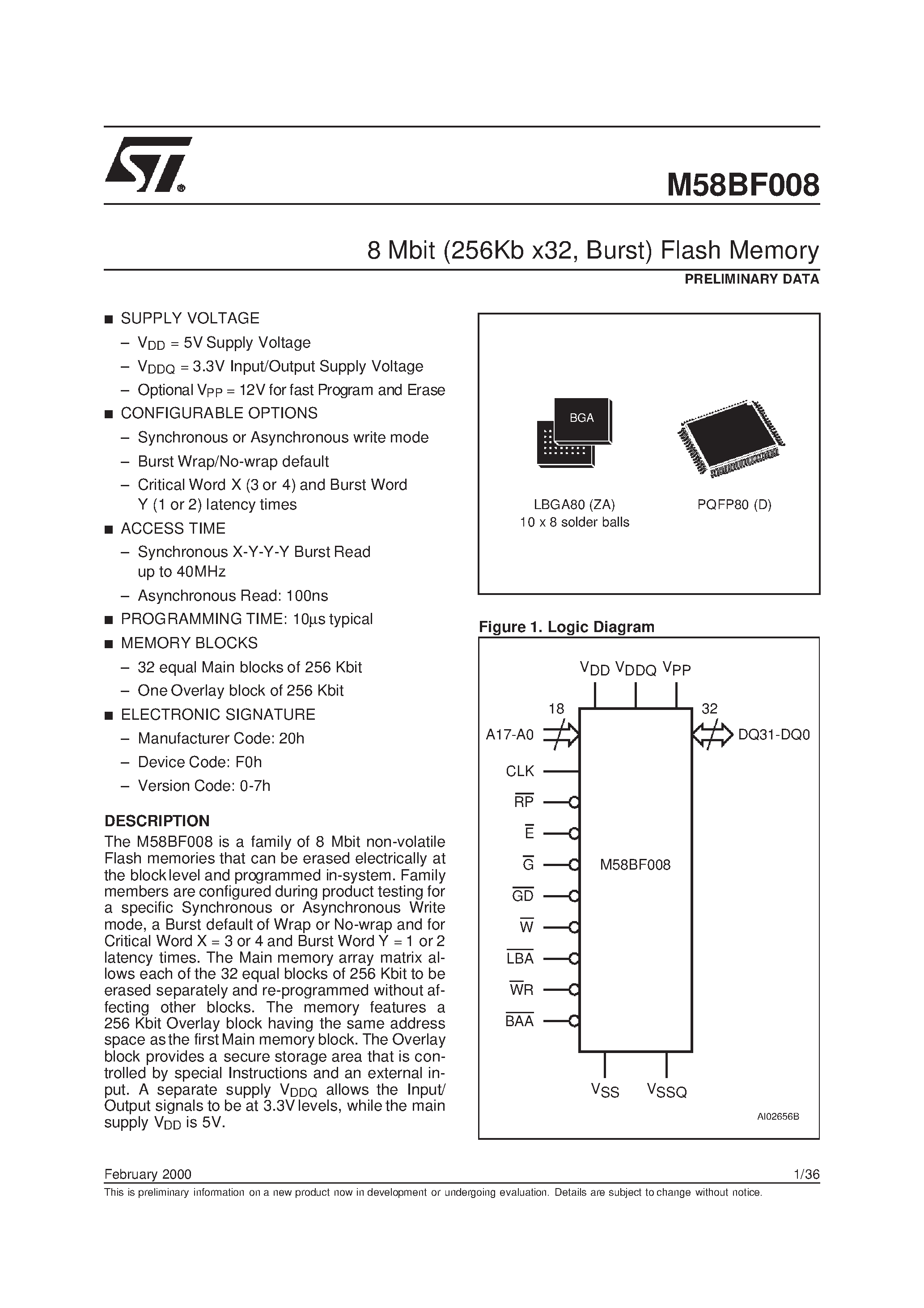 Datasheet M58BF008ZA - 8 Mbit 256Kb x32 / Burst Flash Memory page 1