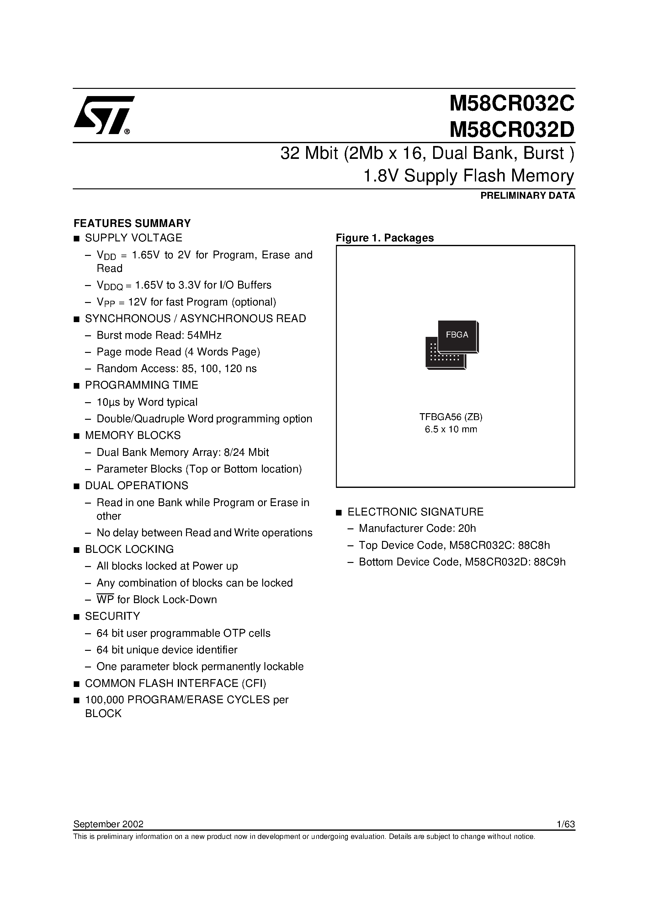 Datasheet M58CR032C120ZB6T - 32 Mbit 2Mb x 16 / Dual Bank / Burst 1.8V Supply Flash Memory page 1