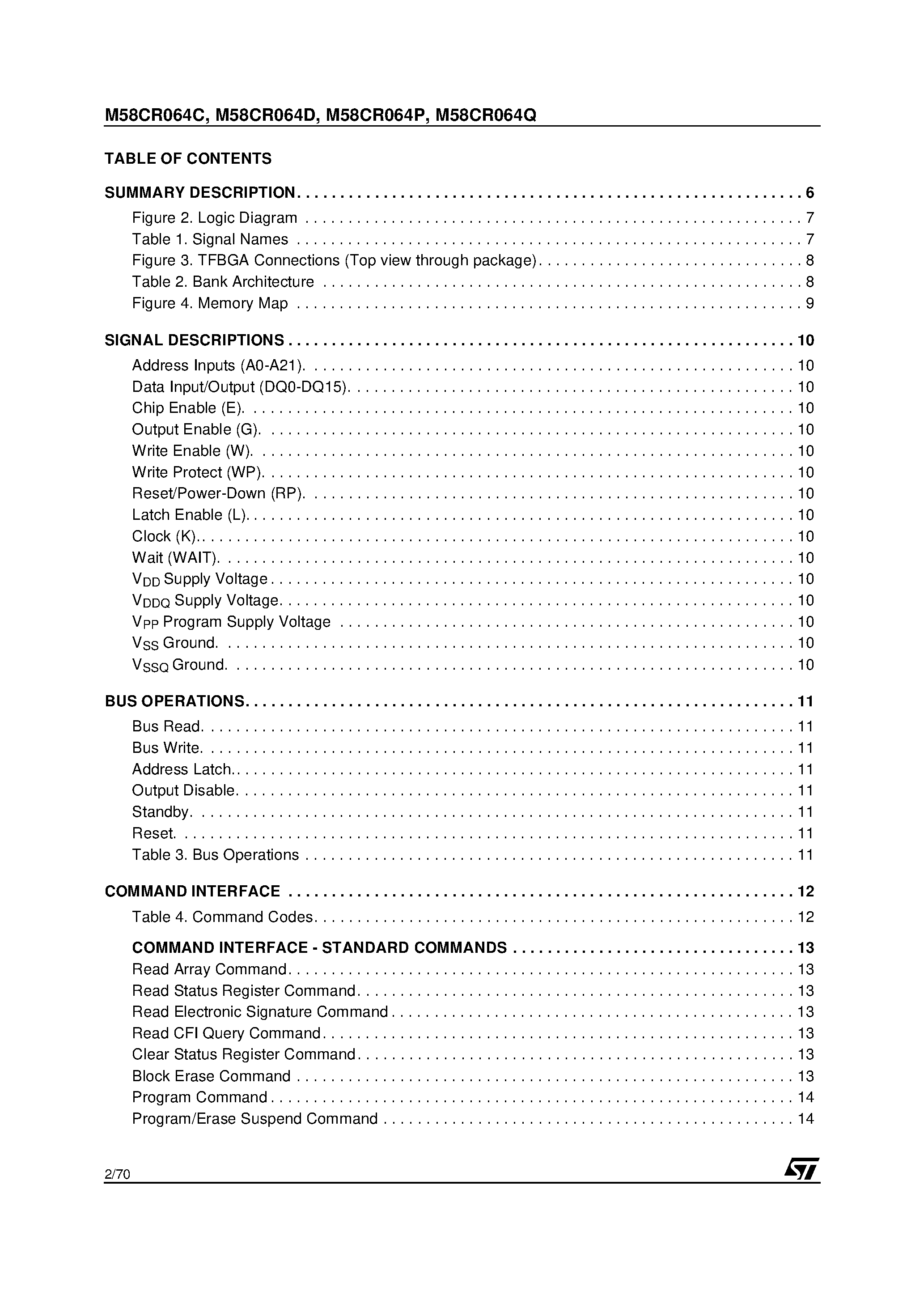 Datasheet M58CR064P85ZB6T page 2 Datasheet M58CR064P85ZB6T - 64 Mbit 4Mb x 16 / Dual Bank / Burst 1.8V Supply Flash Memory page 2