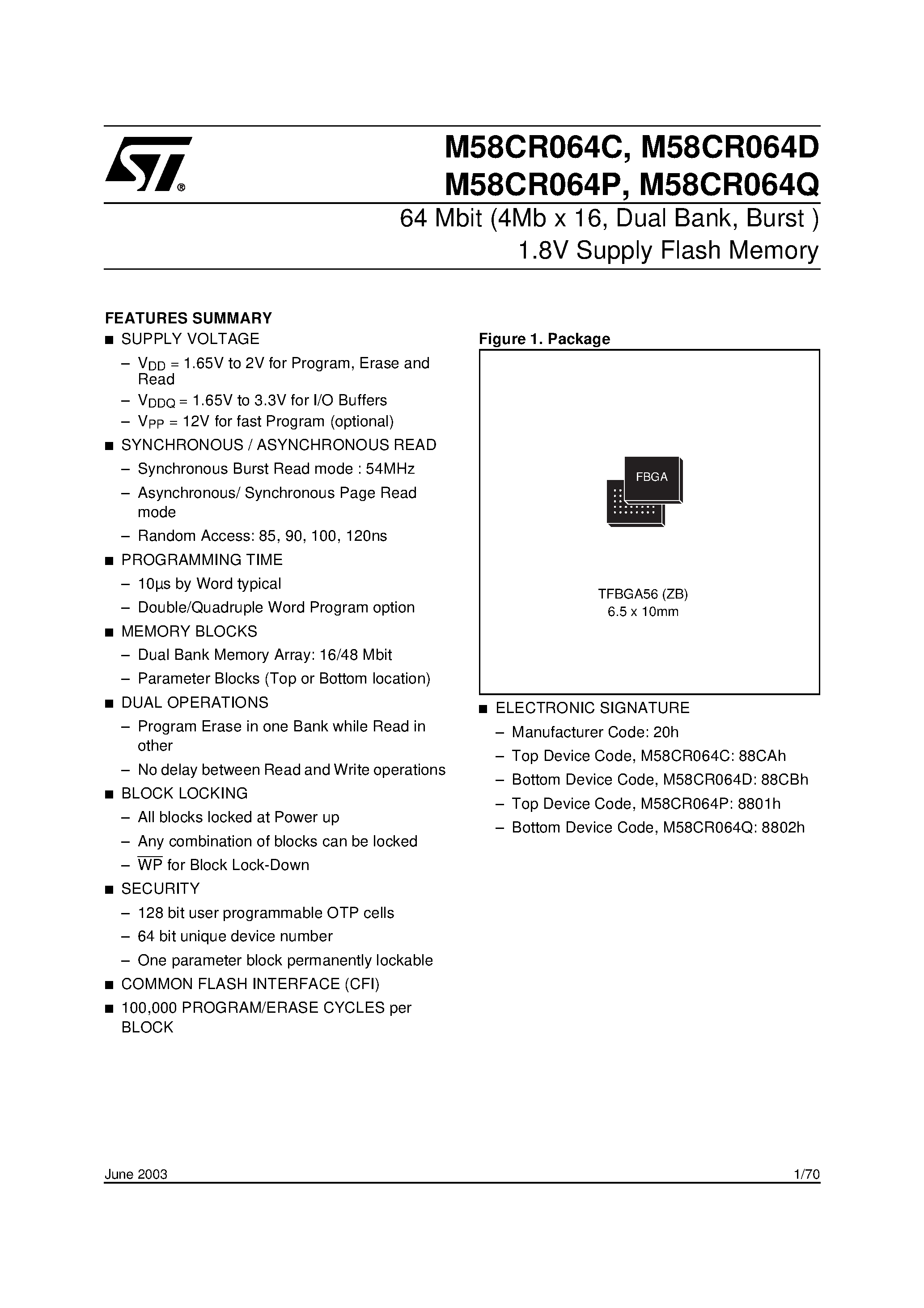 Datasheet M58CR064Q90ZB6T - 64 Mbit 4Mb x 16 / Dual Bank / Burst 1.8V Supply Flash Memory page 1