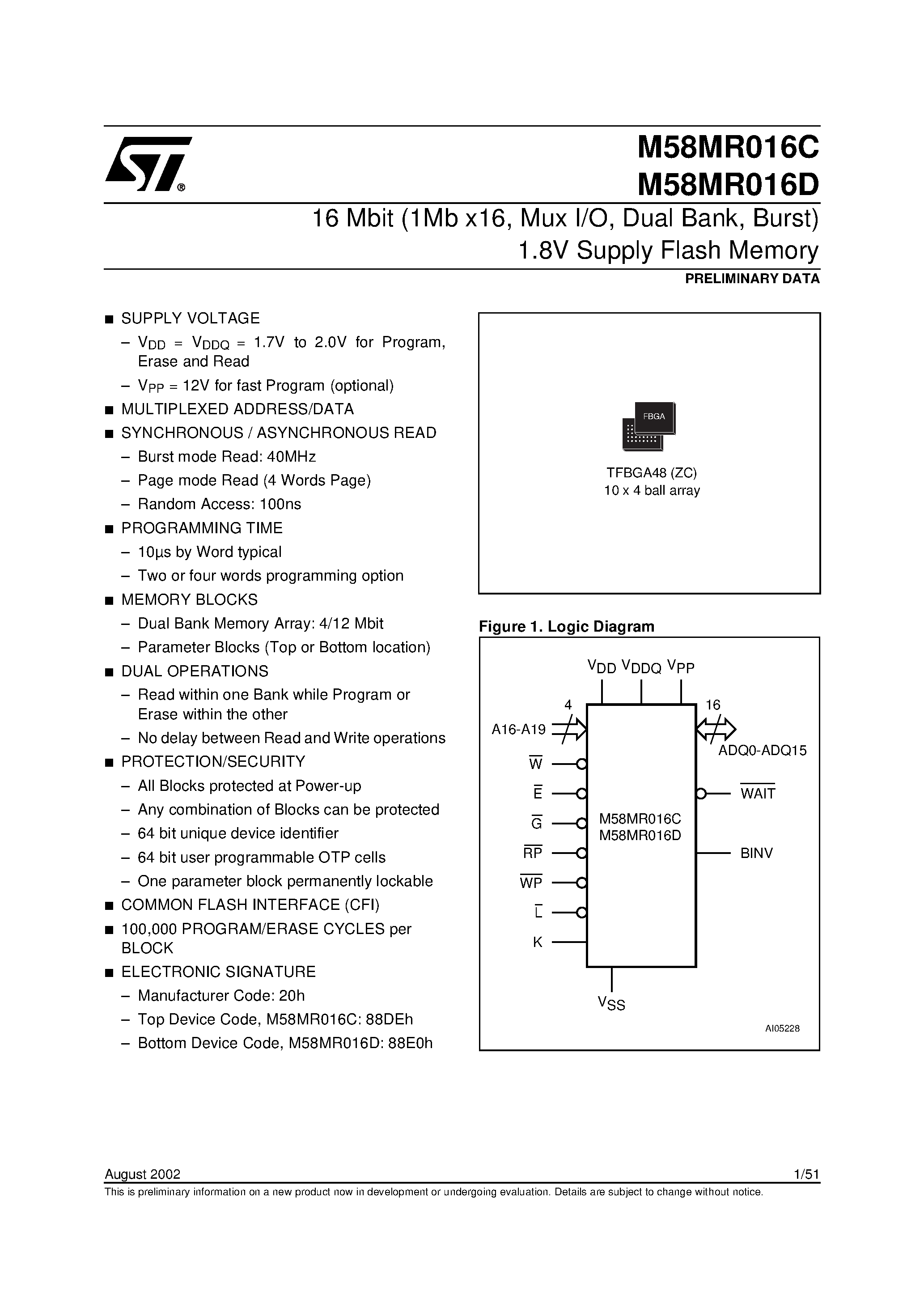 Datasheet M58LR016C100ZC6T - 16 Mbit 1Mb x16 / Mux I/O / Dual Bank / Burst 1.8V Supply Flash Memory page 1