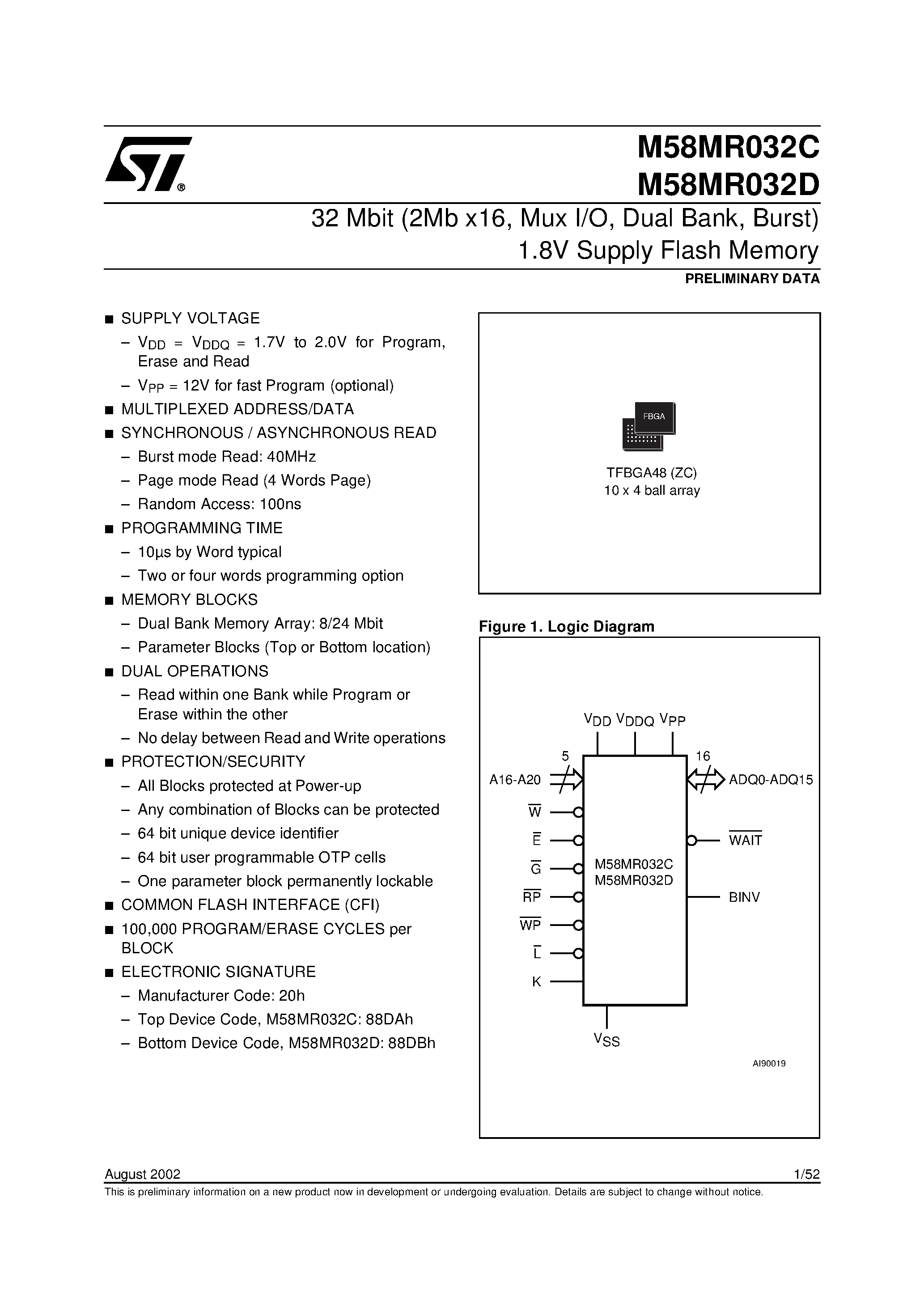 Datasheet M58MR032D - 32 Mbit 2Mb x16 / Mux I/O / Dual Bank / Burst 1.8V Supply Flash Memory page 1