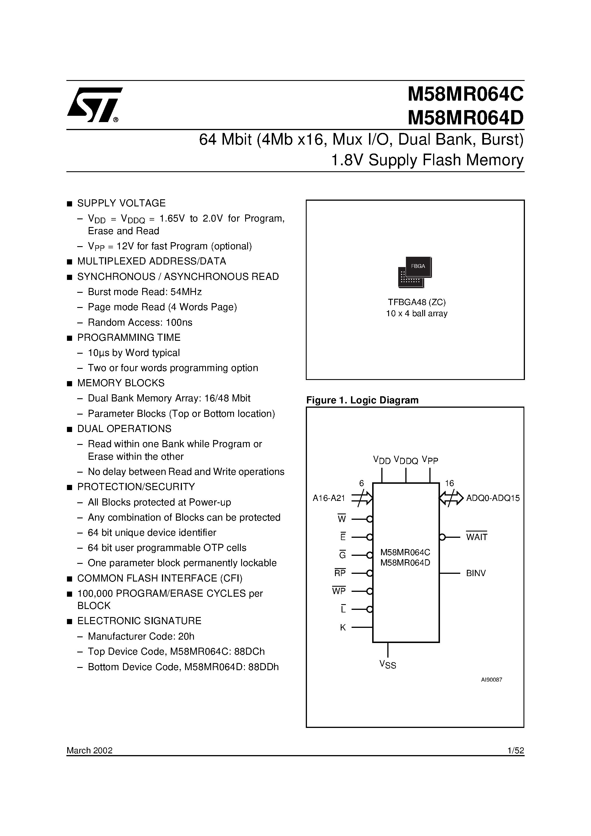 Datasheet M58MR064D - 64 Mbit 4Mb x16 / Mux I/O / Dual Bank / Burst 1.8V Supply Flash Memory page 1