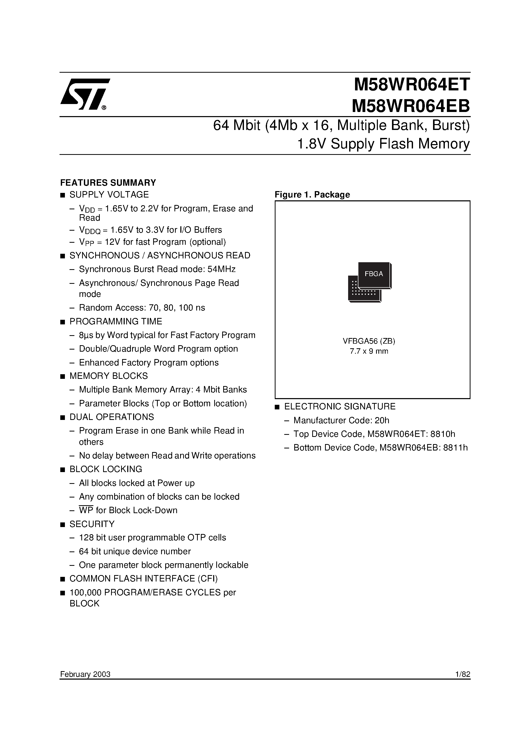 Datasheet M58WR064ET - 64 Mbit 4Mb x 16 / Multiple Bank / Burst 1.8V Supply Flash Memory page 1