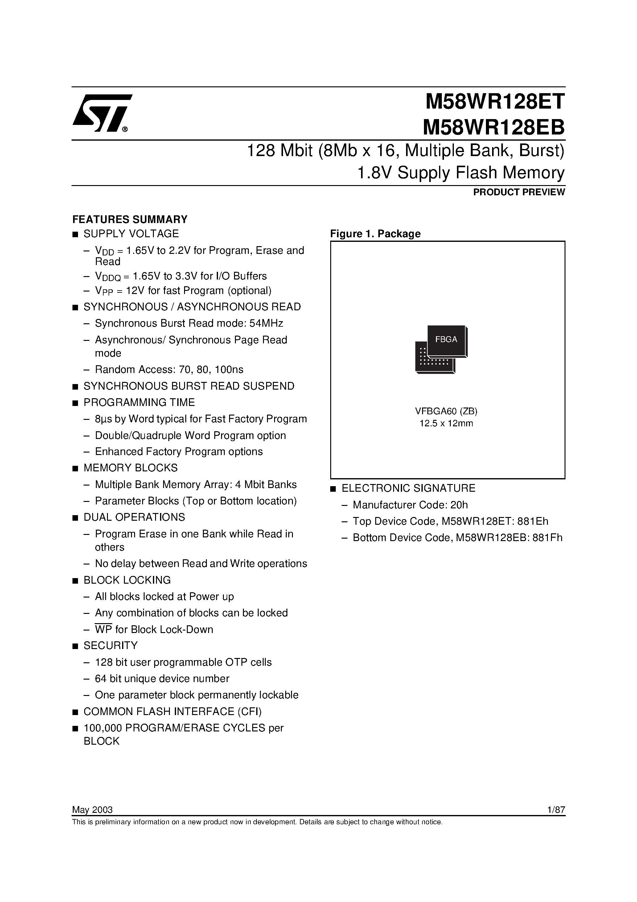 Datasheet M58WR128EB page 1 Datasheet M58WR128EB - 128 Mbit 8Mb x 16 / Multiple Bank / Burst 1.8V Supply Flash Memory page 1
