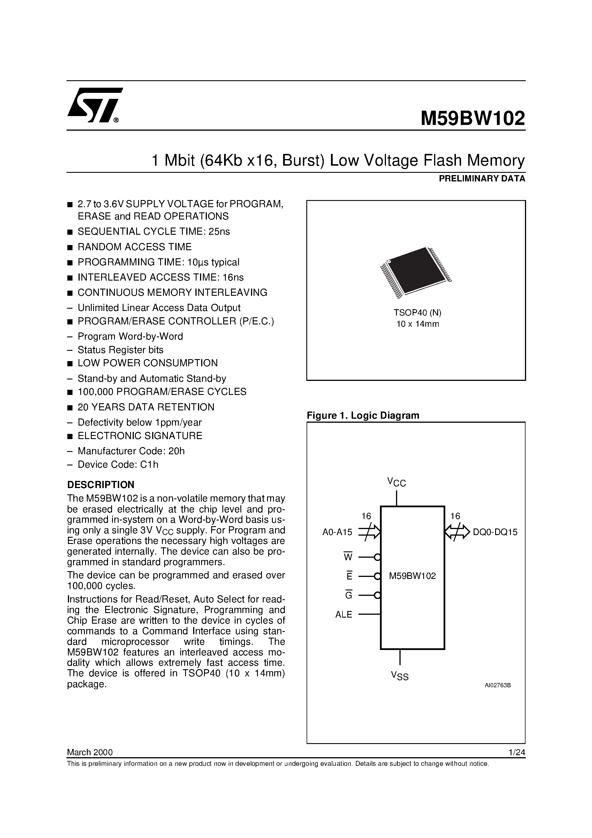 Datasheet M59BW102 - 1 Mbit 64Kb x16 / Burst Low Voltage Flash Memory page 1