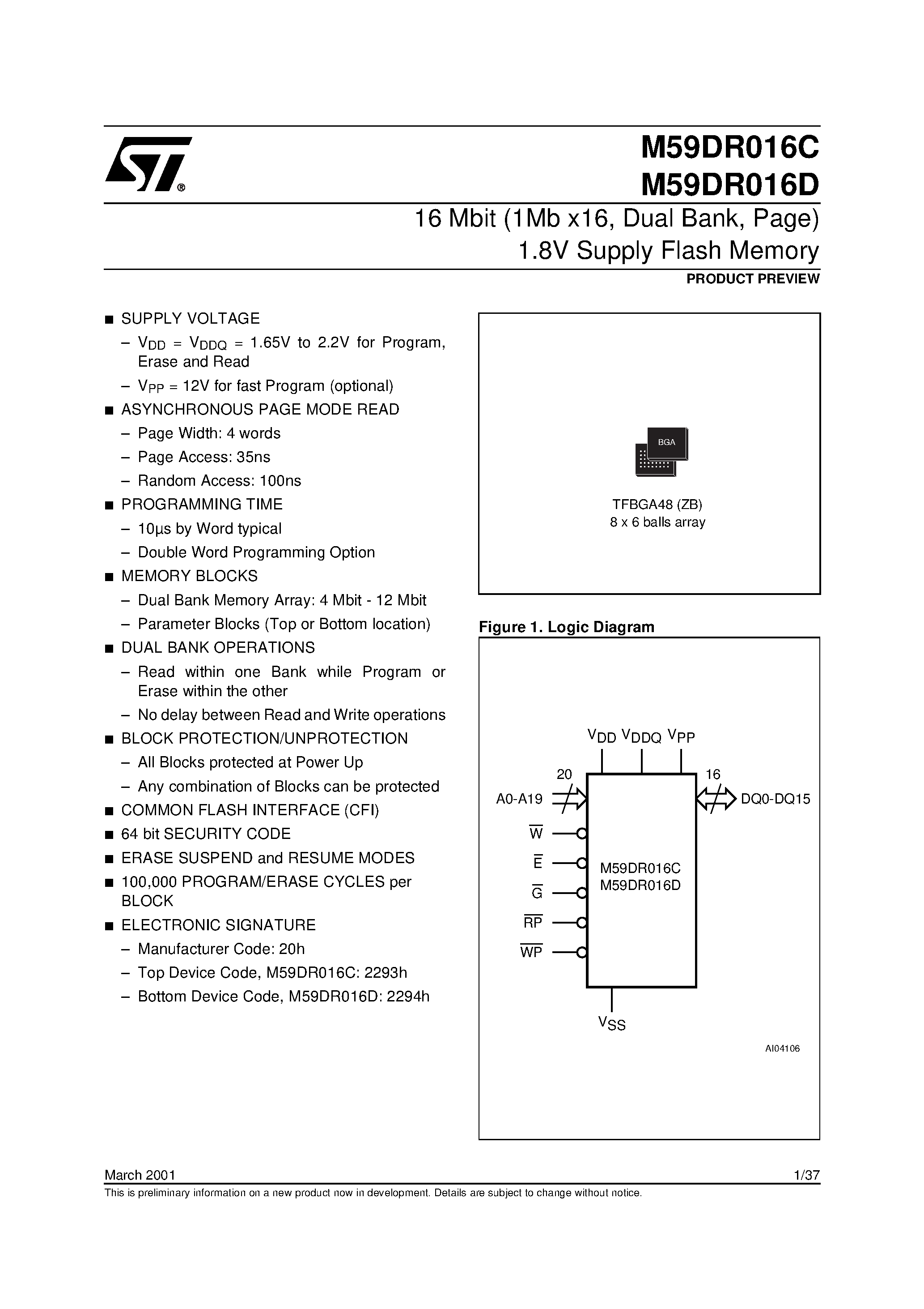 Datasheet M59DR016 - 16 Mbit 1Mb x16 / Dual Bank / Page 1.8V Supply Flash Memory page 1