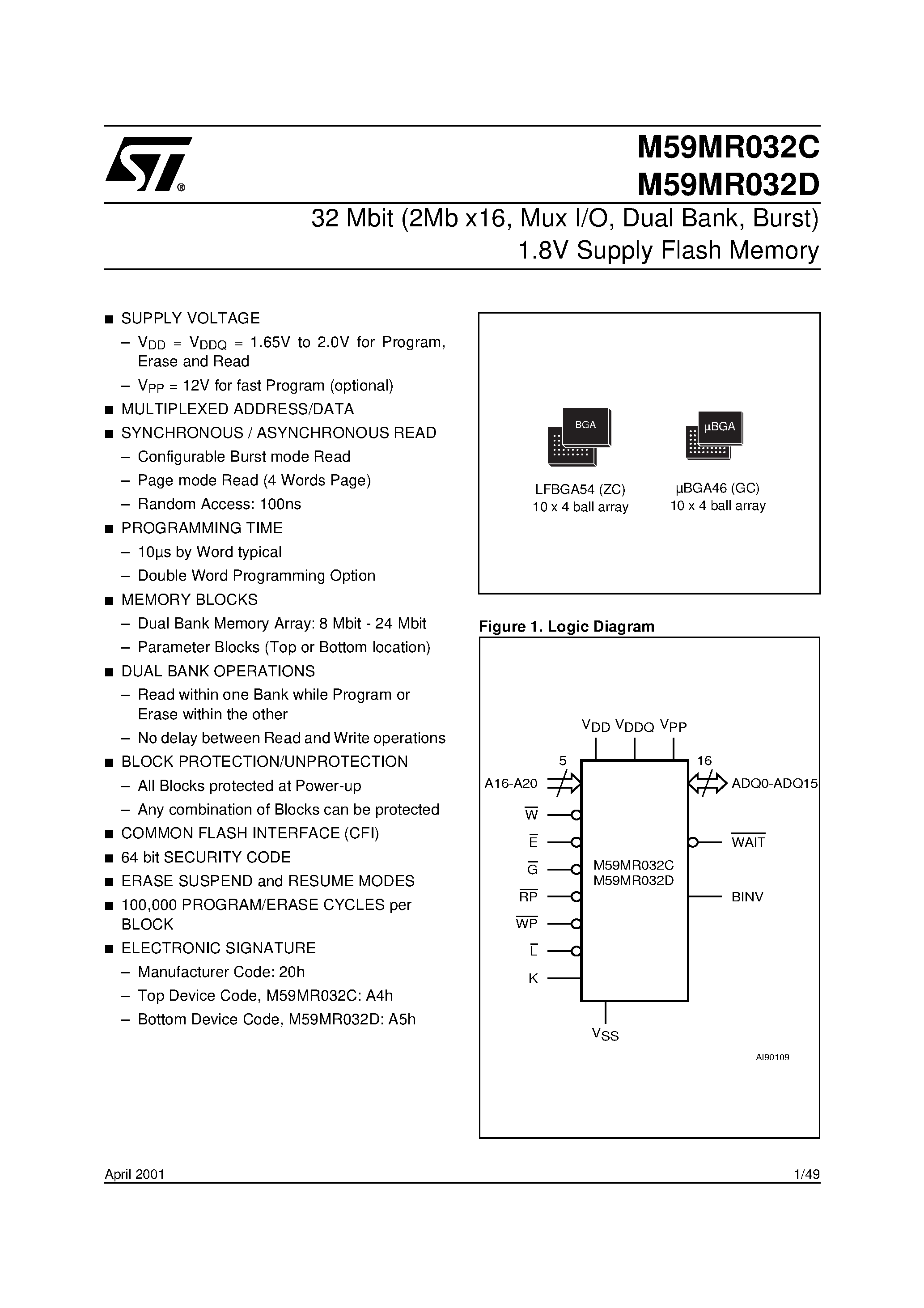 Datasheet M59MR032C - 32 Mbit 2Mb x16 / Mux I/O / Dual Bank / Burst 1.8V Supply Flash Memory page 1