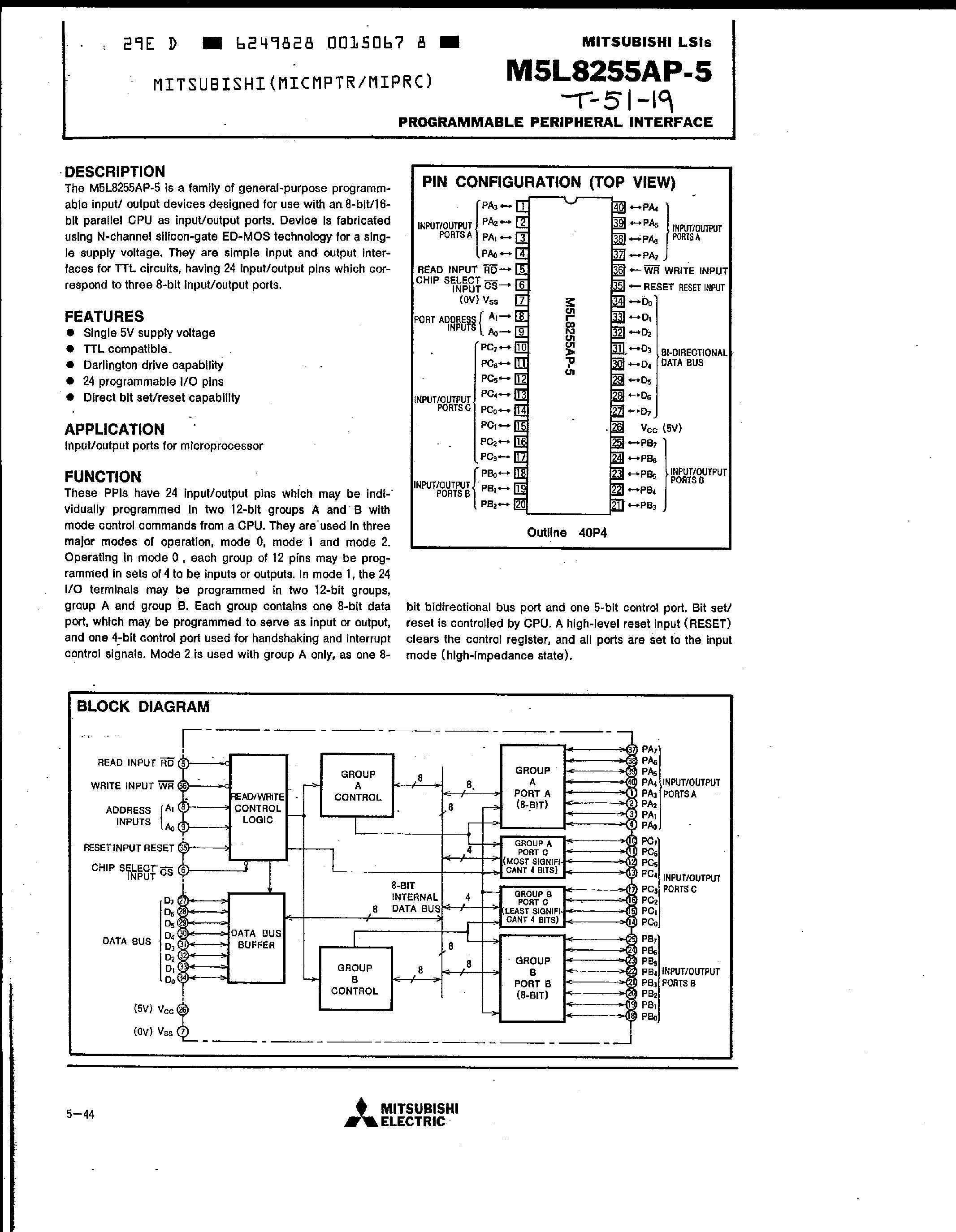 Даташит на микросхему M5L8255AP-5 страница 1 Даташит M5L8255AP-5 - PROGRAMMABLE PERIPHERAL INTERFACE страница 1