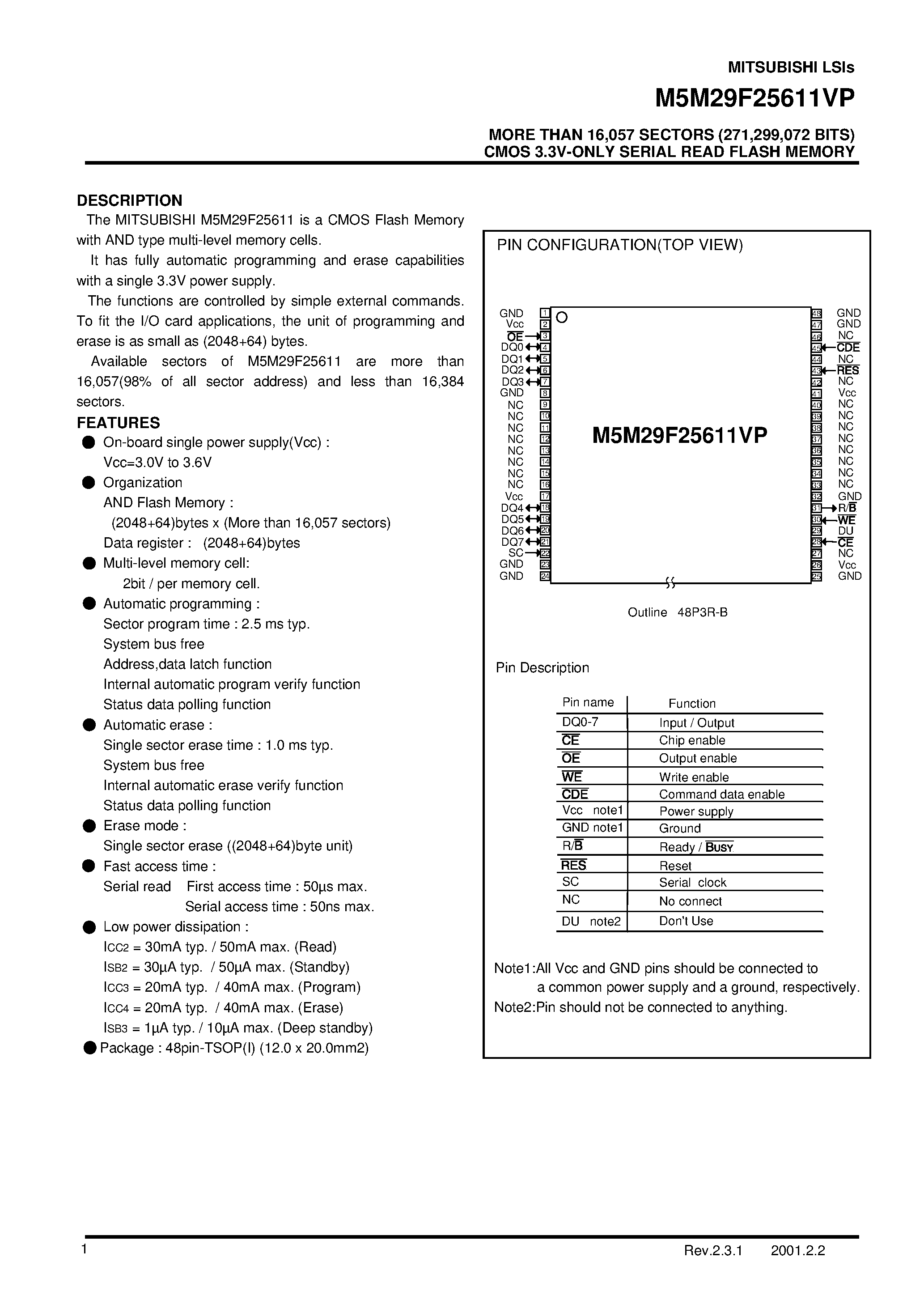Даташит M5M29F25611VP - MORE THAN 16 /057 SECTORS (271 /299 /072 BITS) CMOS 3.3V-ONLY SERIAL READ FLASH MEMORY страница 1