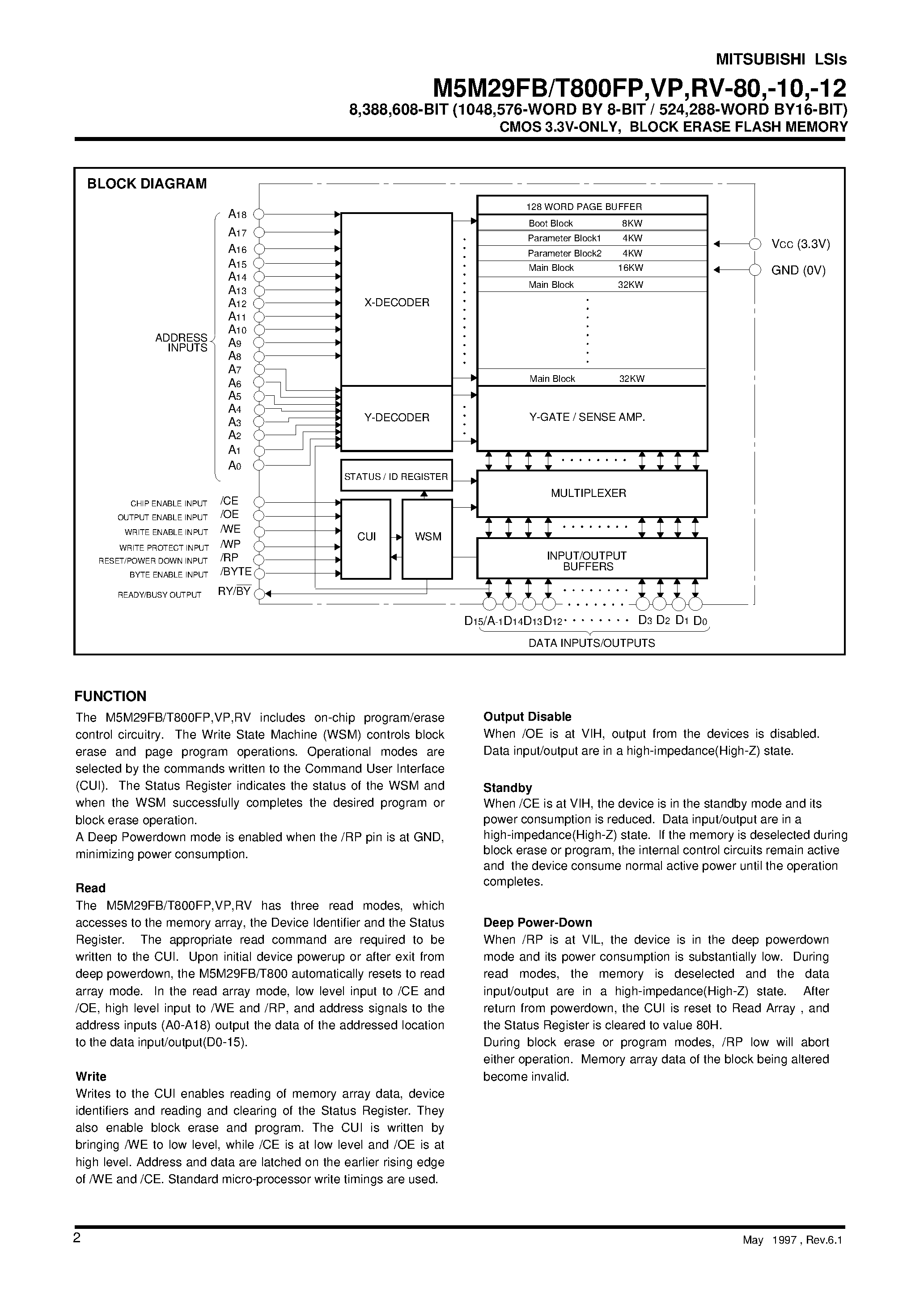 Даташит M5M29FB800RV-10 - 8 /388 /608-BIT (1048 /576-576-WORD BY 8-BIT / 524 /288-WORD BY16-BIT)CMOS 3.3V-ONLY / BLOCK ERASE FLASH MEMORY страница 2