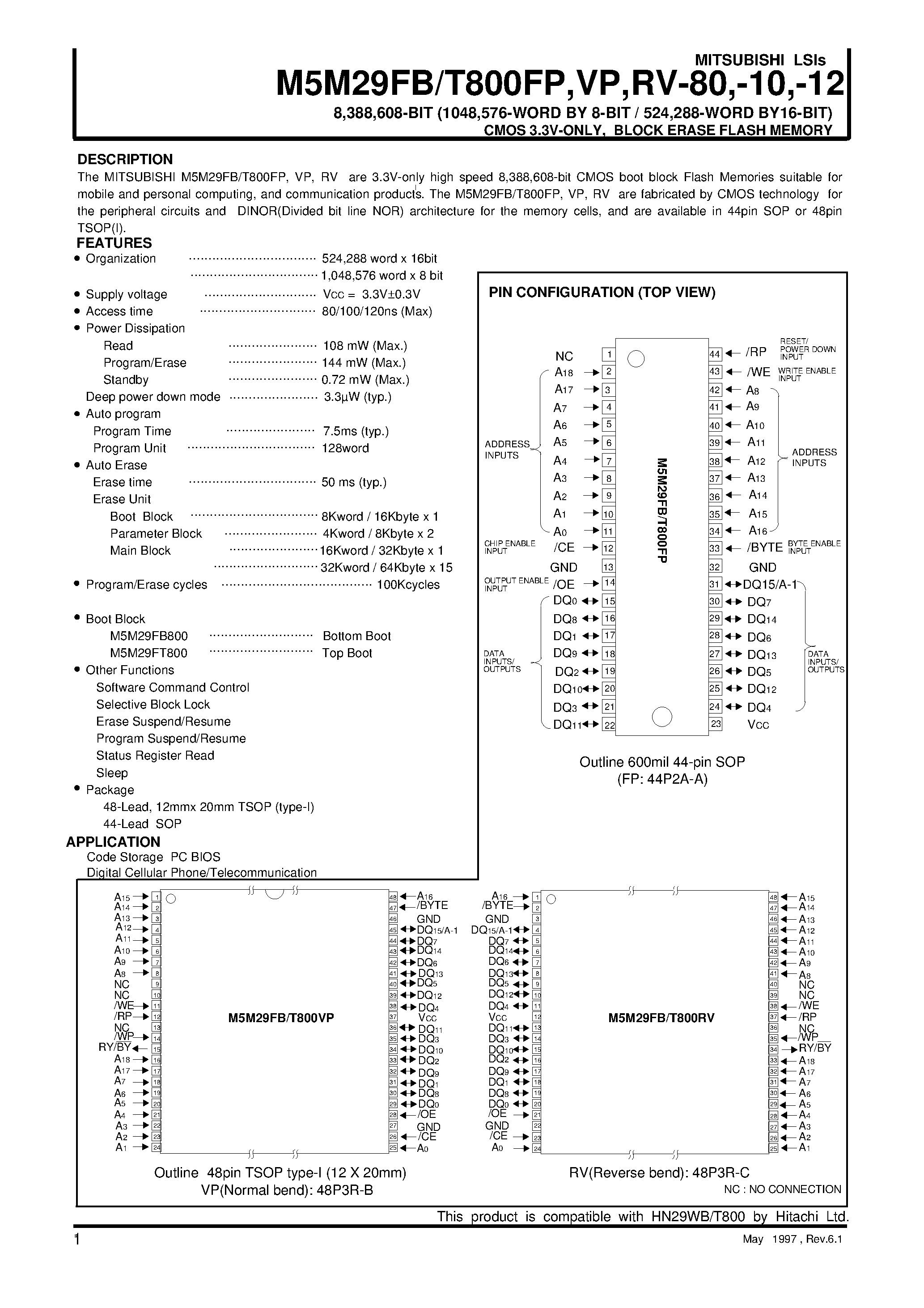Datasheet M5M29FB800RV-12 - 8 /388 /608-BIT (1048 /576-576-WORD BY 8-BIT / 524 /288-WORD BY16-BIT)CMOS 3.3V-ONLY / BLOCK ERASE FLASH MEMORY page 1