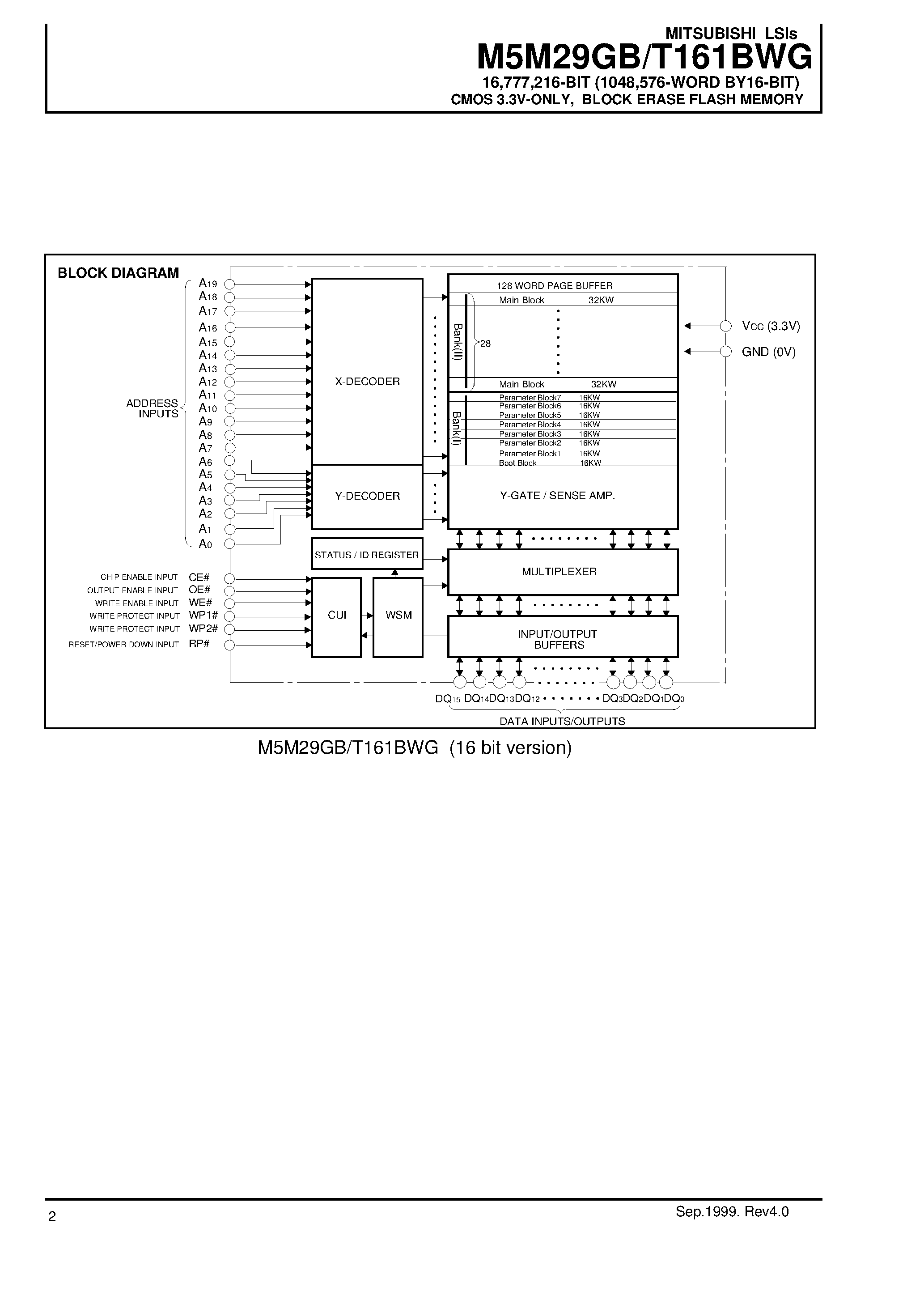 Datasheet M5M29GB161BWG - 16 /777 /216-BIT (1048 /576-WORD BY16-BIT) CMOS 3.3V-ONLY / BLOCK ERASE FLASH MEMORY page 2